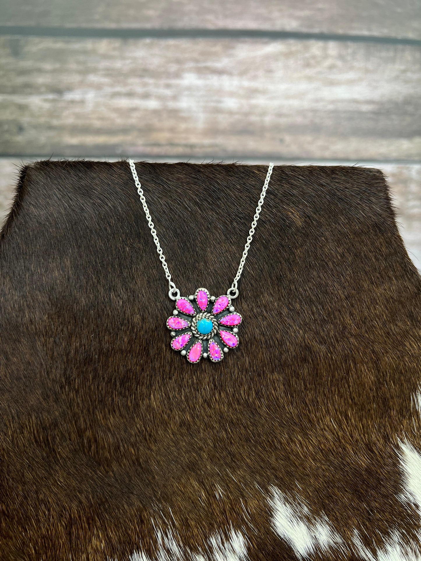 Handmade Sterling Silver Hot Pink with Kingman Turquoise Necklace, Signed Nizhoni