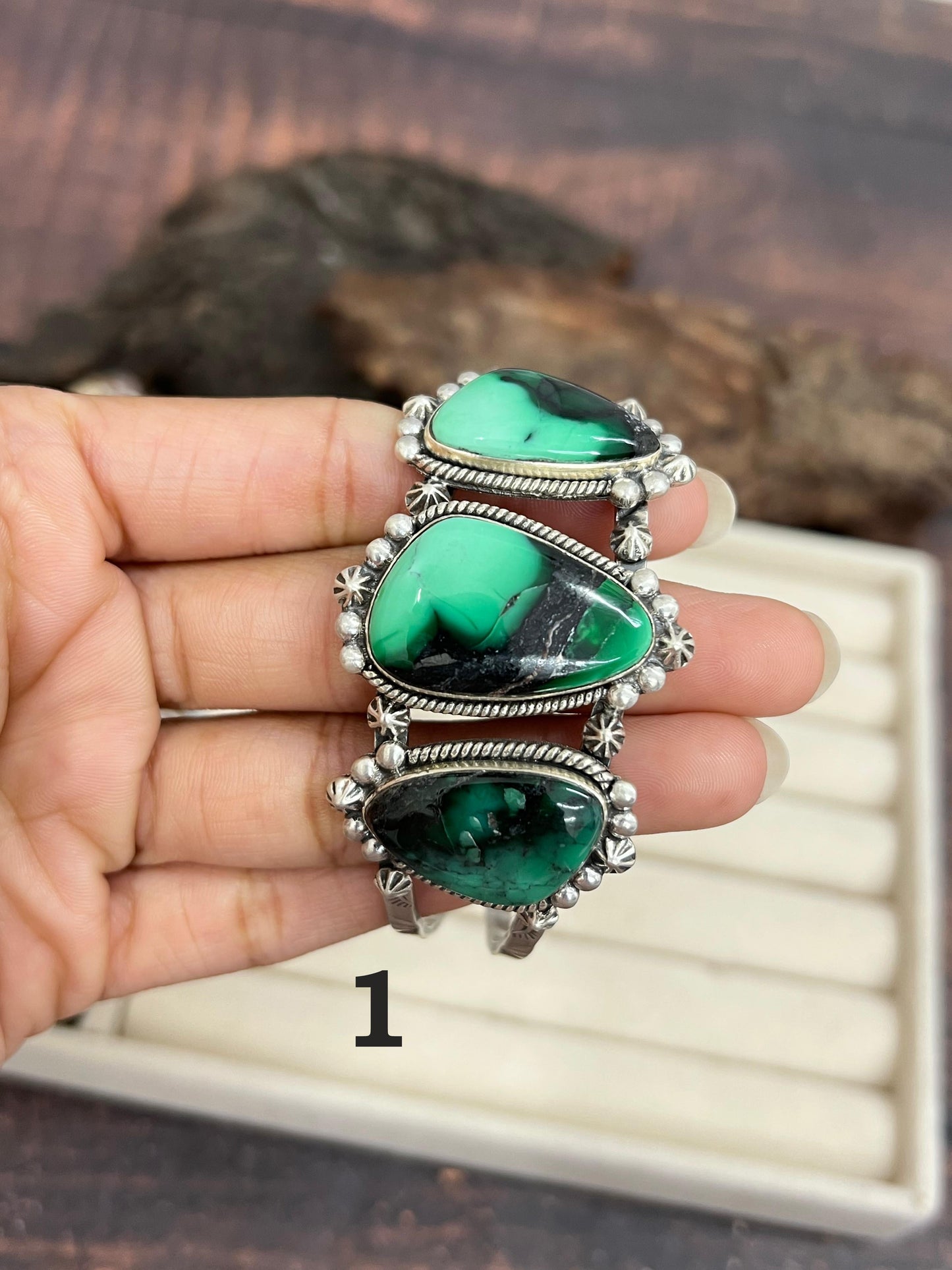 Handmade Sterling Silver Emerald Rose Cuff Bracelet with Signed Nizhoni