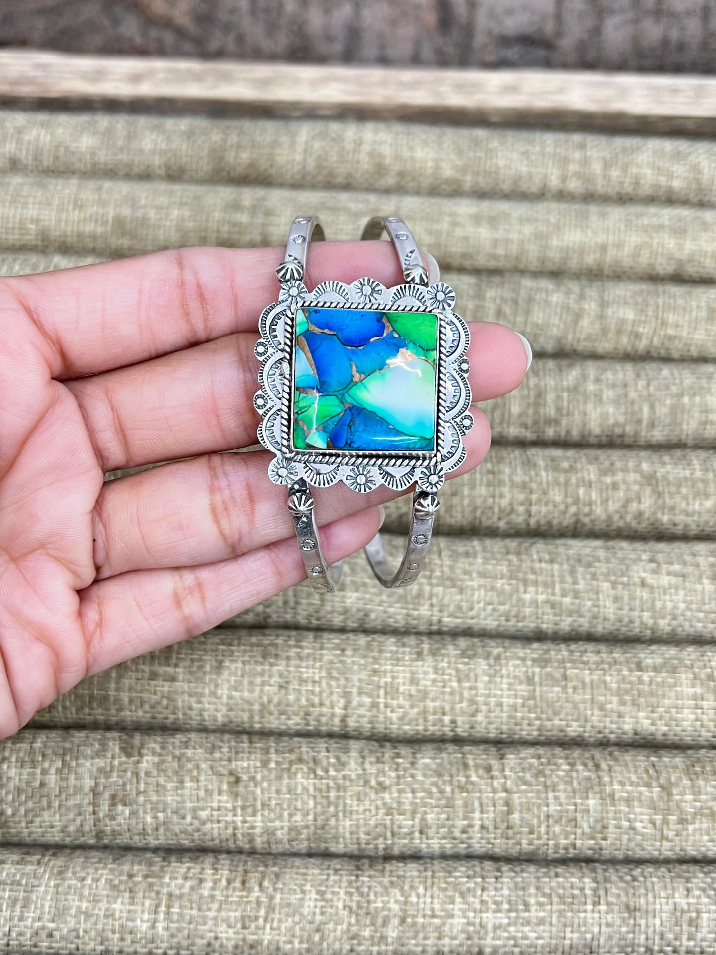 Handmade Sterling Silver Peacock Dahlia Cuff Bracelet with Signed Nizhoni