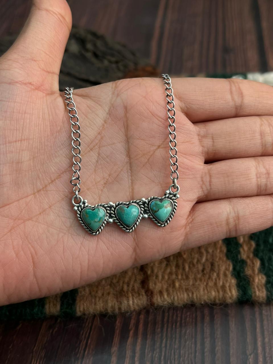 "Heart Collection" Handmade Sterling Silver Kingman Turquoise Necklace "Signed Nizhoni"