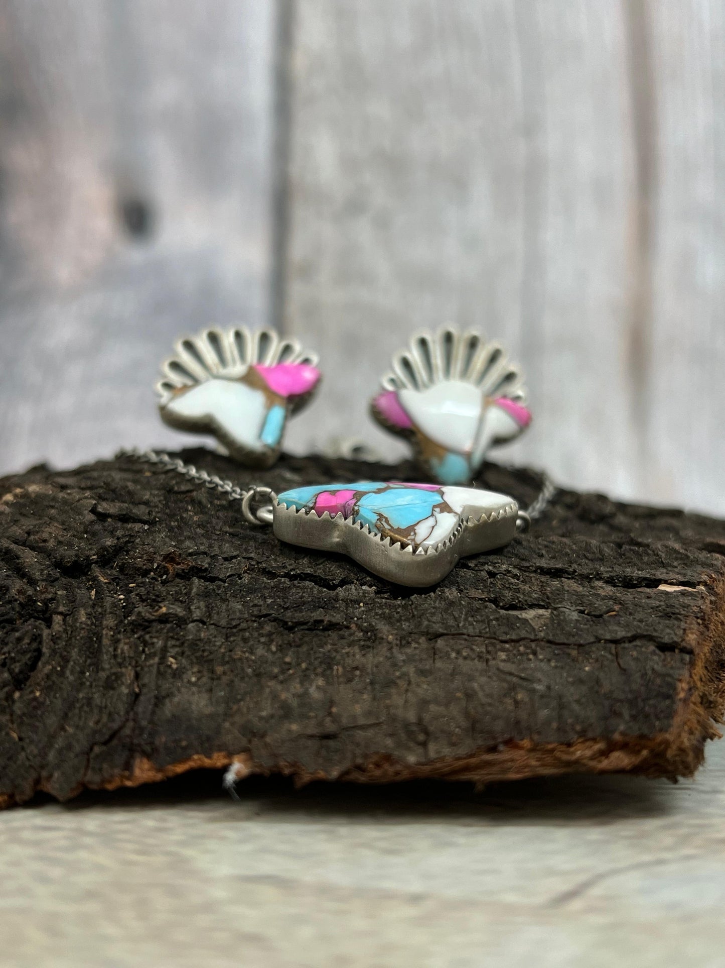 Handmade Sterling Silver Cotton Candy Turquoise Bull Necklace Earrings Set, Signed Nizhoni
