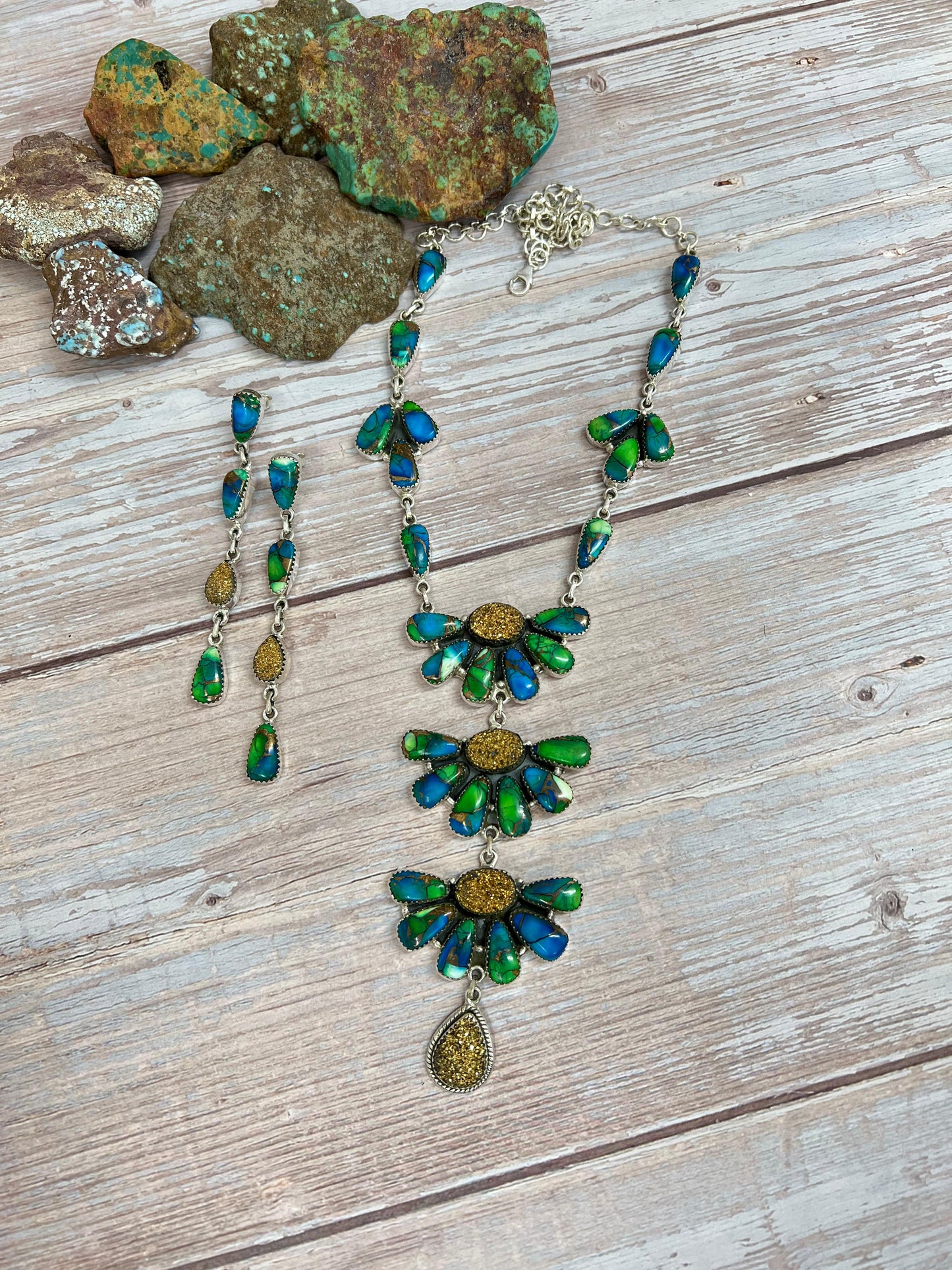 Handmade Sterling Silver Peacock Dahlia with Druzy Necklace Earrings Set with Signed Nizhoni