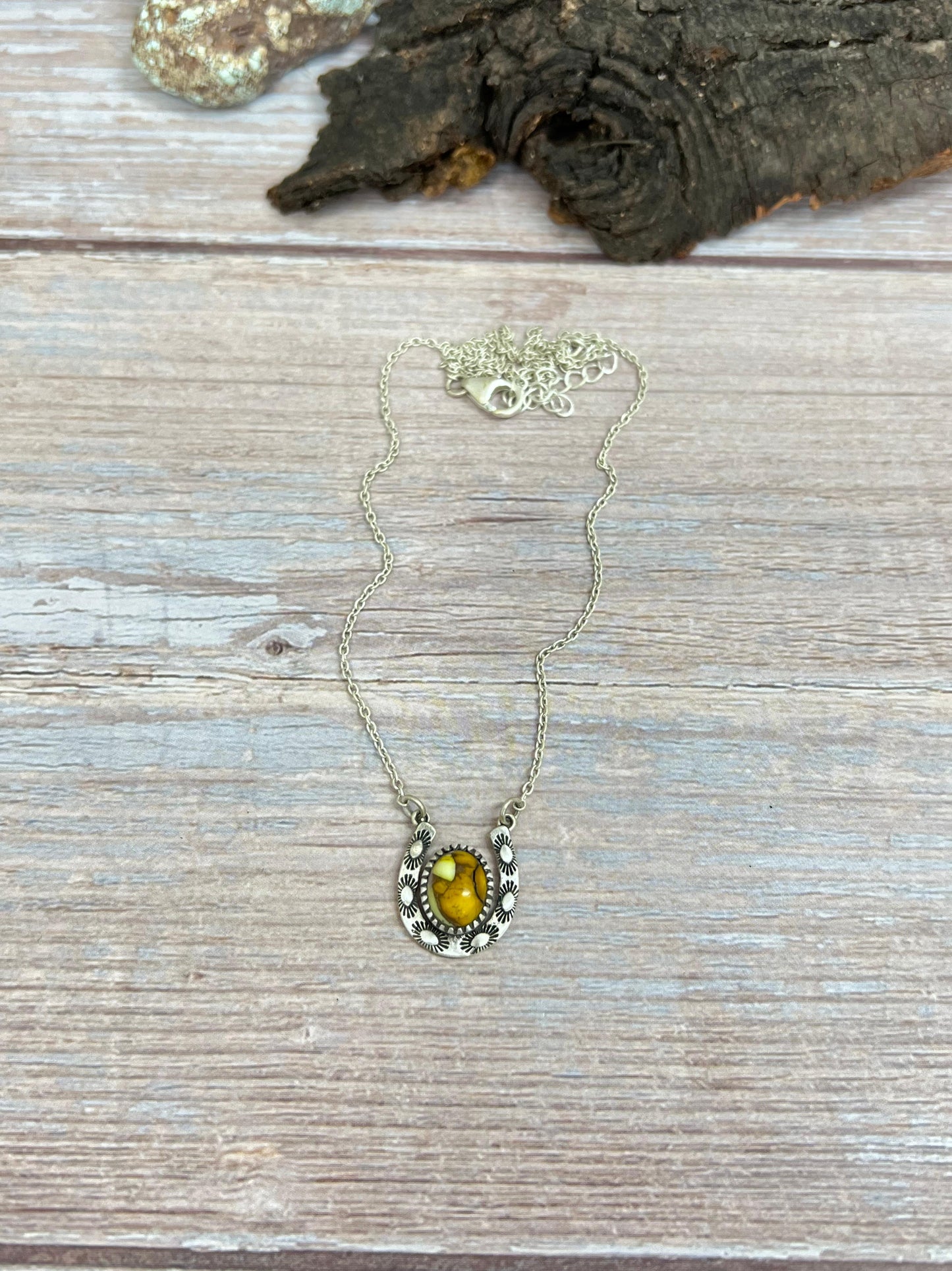 Handmade Sterling Silver Honey Dahlia Horse Shoe Necklace with Signed Nizhoni