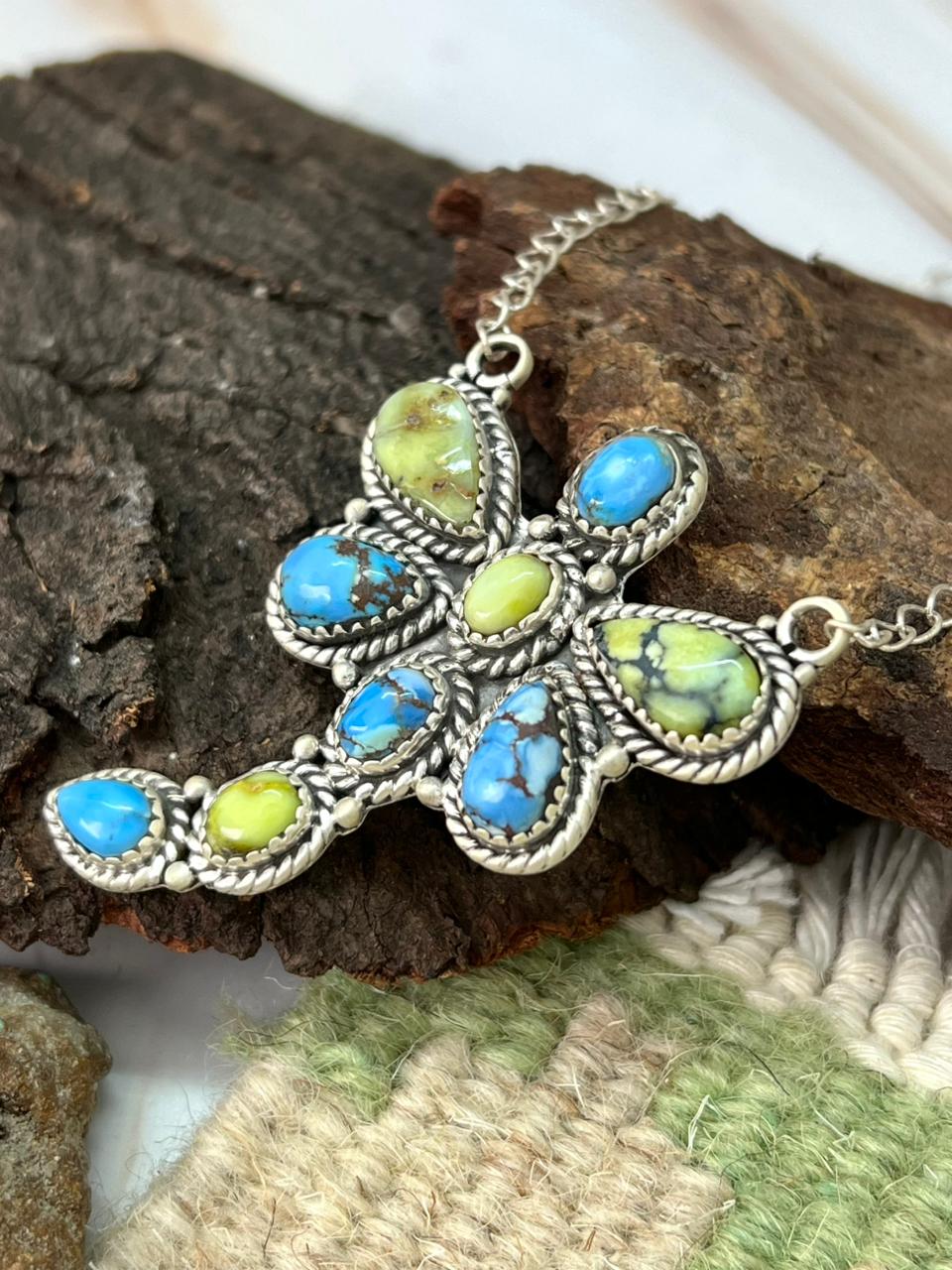 Handmade Sterling Silver Palomino with Golden Hills Turquoise Butterfly Necklace "Signed Nizhoni"