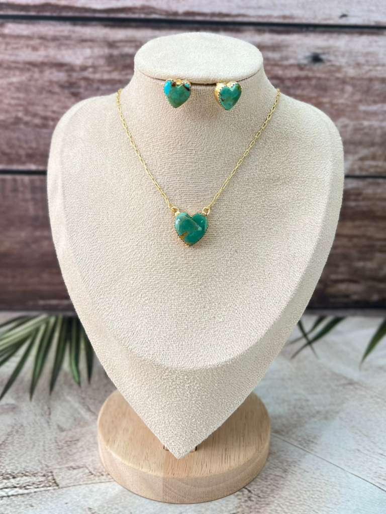 “The Golden Collection” Handmade Gold Plated Kingman Turquoise Necklace Earrings HEART Set