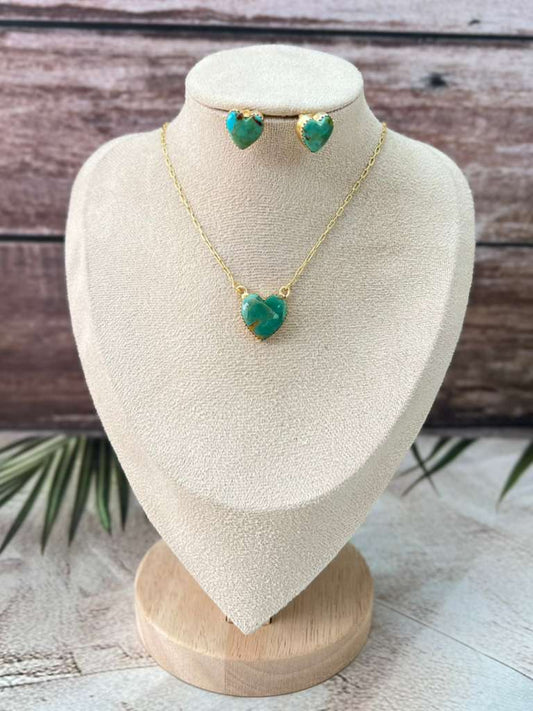 “The Golden Collection” Handmade Gold Plated Kingman Turquoise Necklace Earrings HEART Set