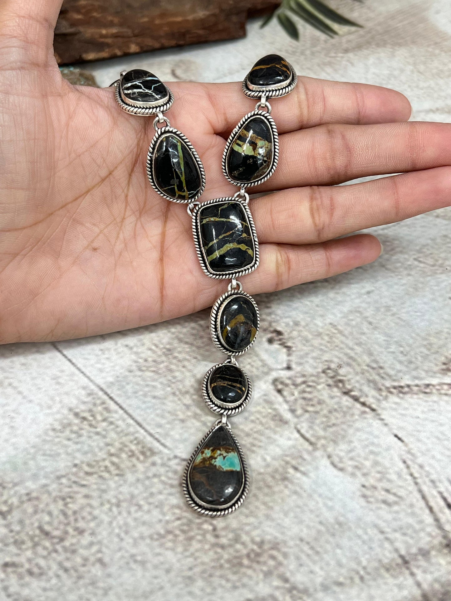 Handmade Sterling Silver Blackjack Turquoise Lariat Necklace Signed Nizhoni