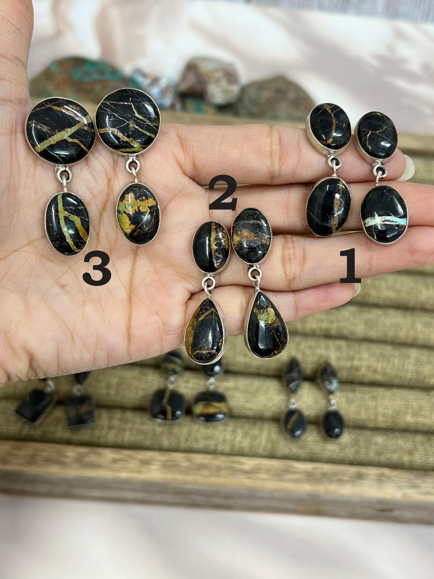 Handmade Sterling Silver Blackjack Turquoise Dangle Earrings, Signed Nizhoni