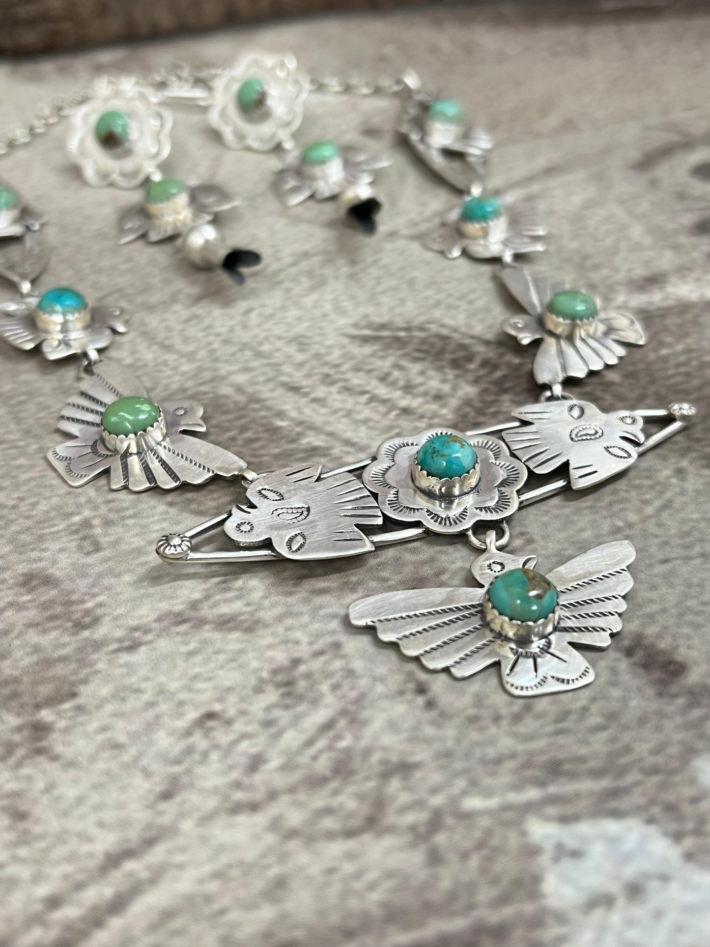 Handmade Sterling Silver Kingman Turquoise Necklace Earrings Set with Signed Nizhoni (1)