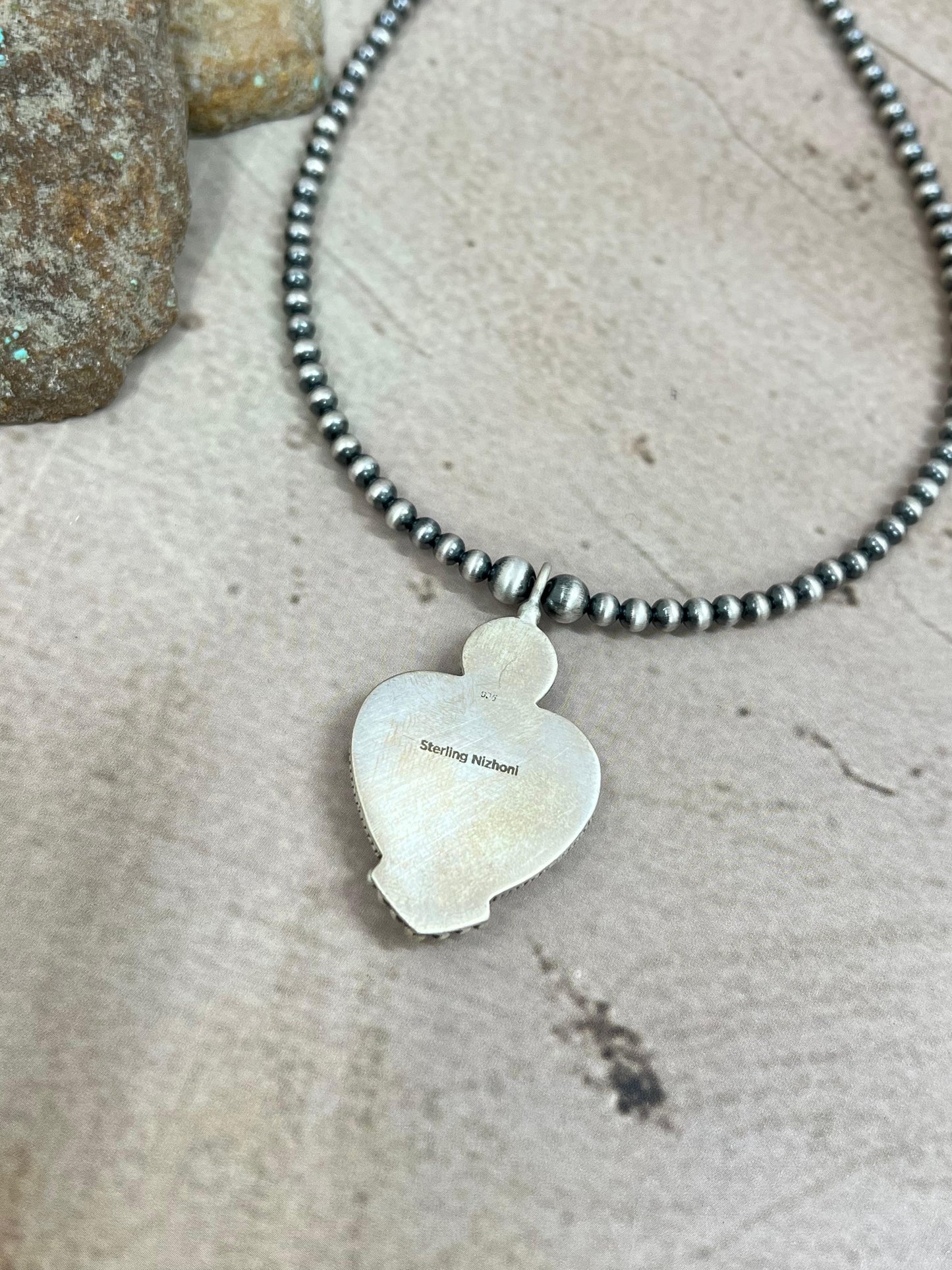 Handmade Sterling Silver Cotton Candy Turquoise Heart Necklace with Signed Nizhoni