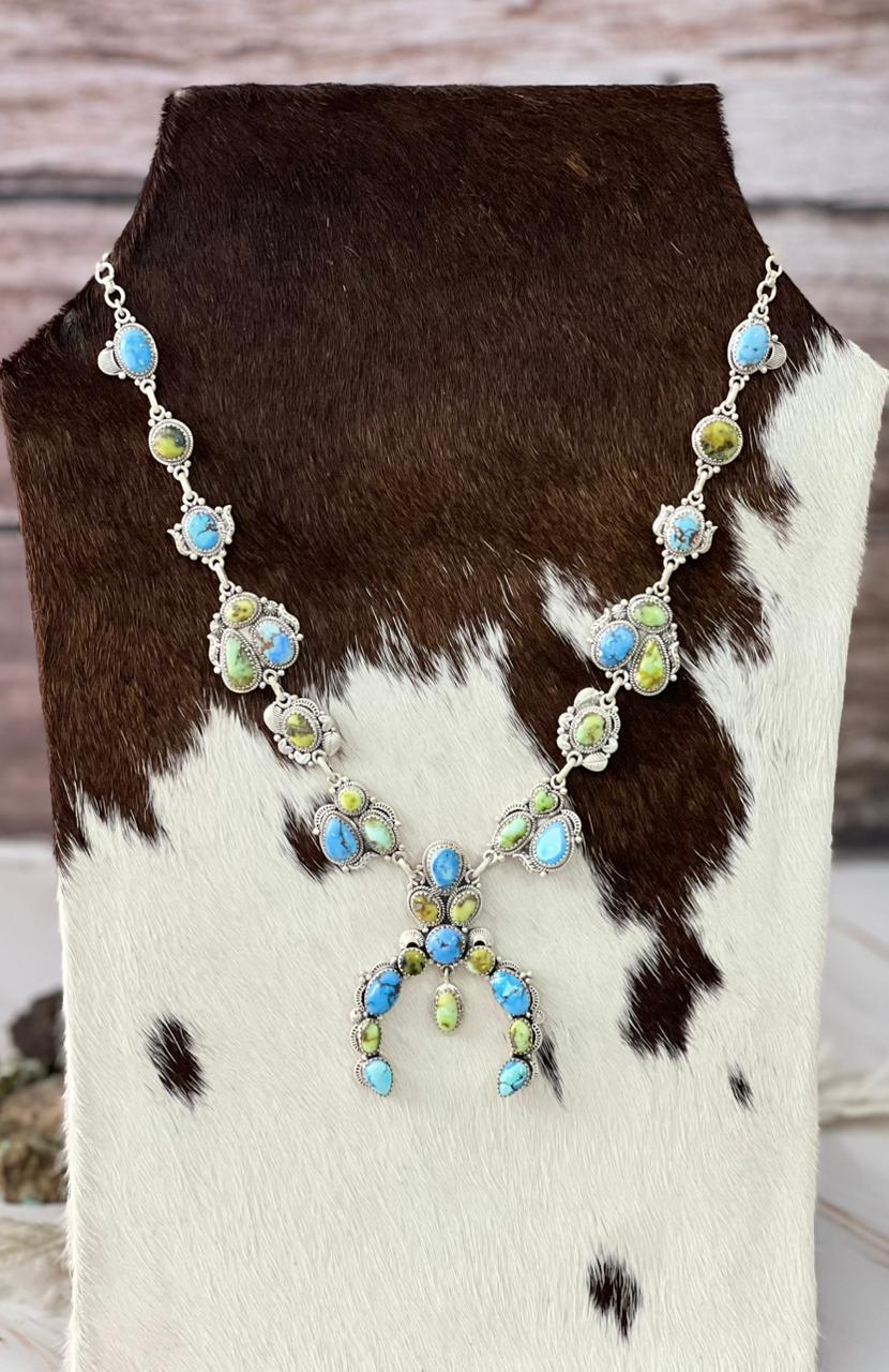 Handmade Sterling Silver Palomino with Golden Hills Turquoise Naja Style Necklace "Signed Nizhoni"