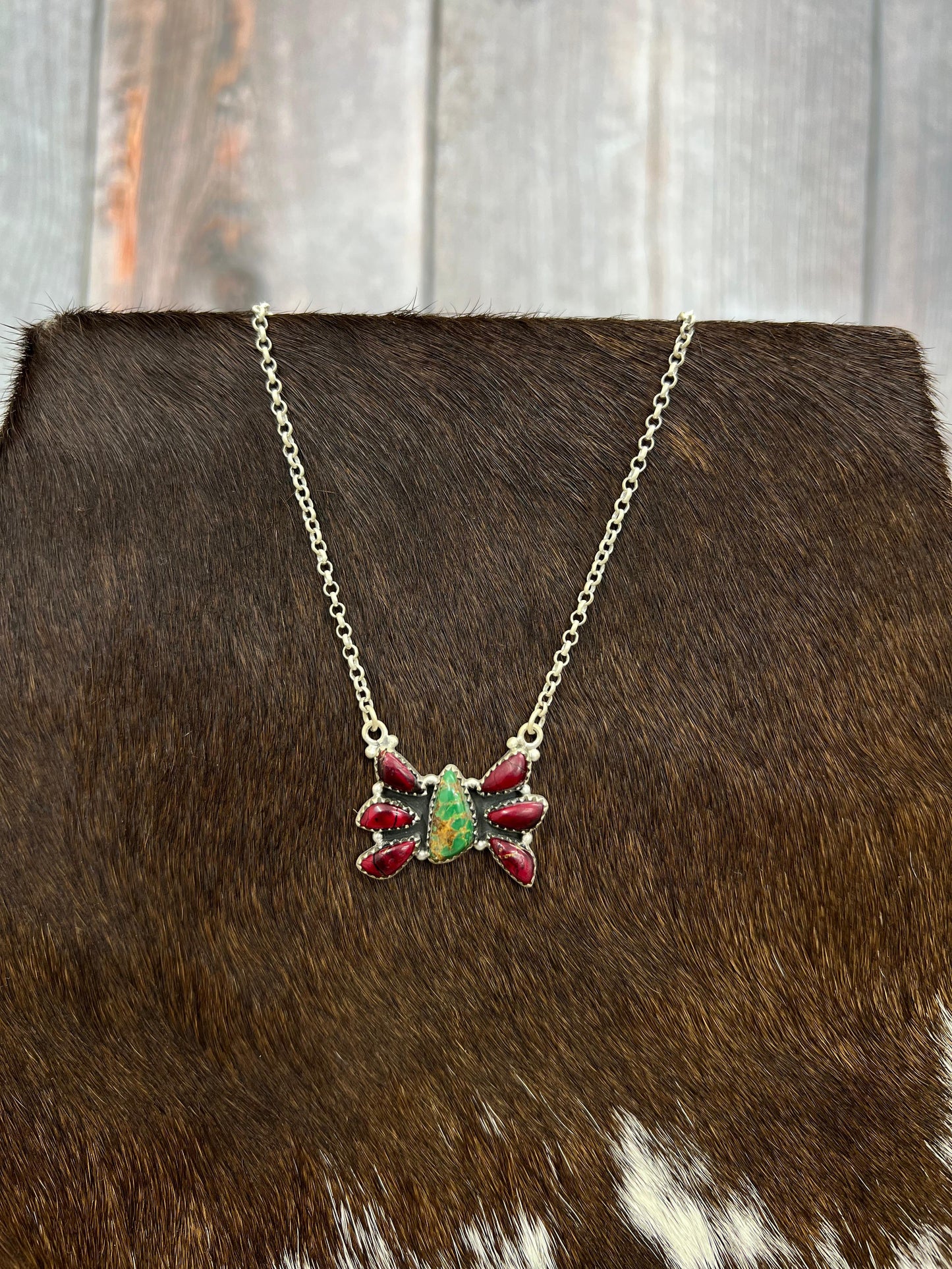 Handmade Sterling Silver Dahlia Rose with Emerald Valley Butterfly Necklace with Signed Nizhoni