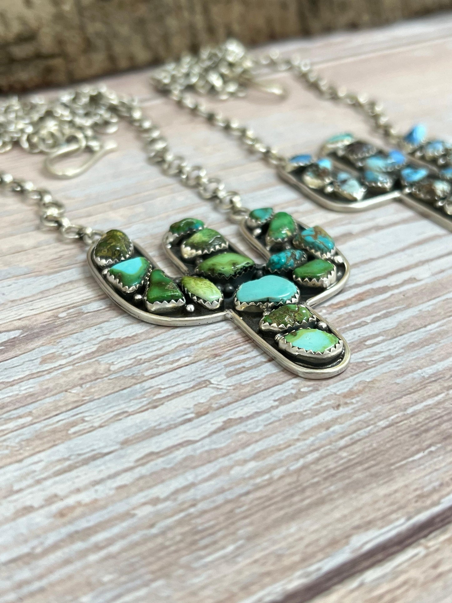 Handmade Sterling Silver Golden Hill Turquoise, Sonoran Saguaro Cactus Necklace with Signed Nizhoni