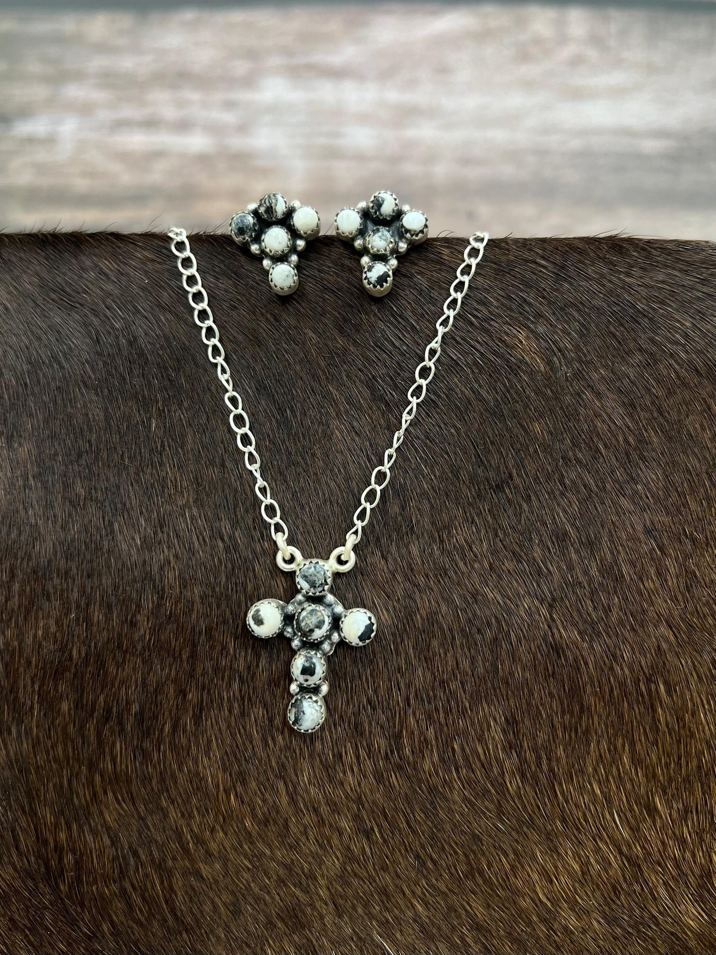 Handmade Sterling Silver White Buffalo Cross Necklace & Earrings Set Signed Nizhoni