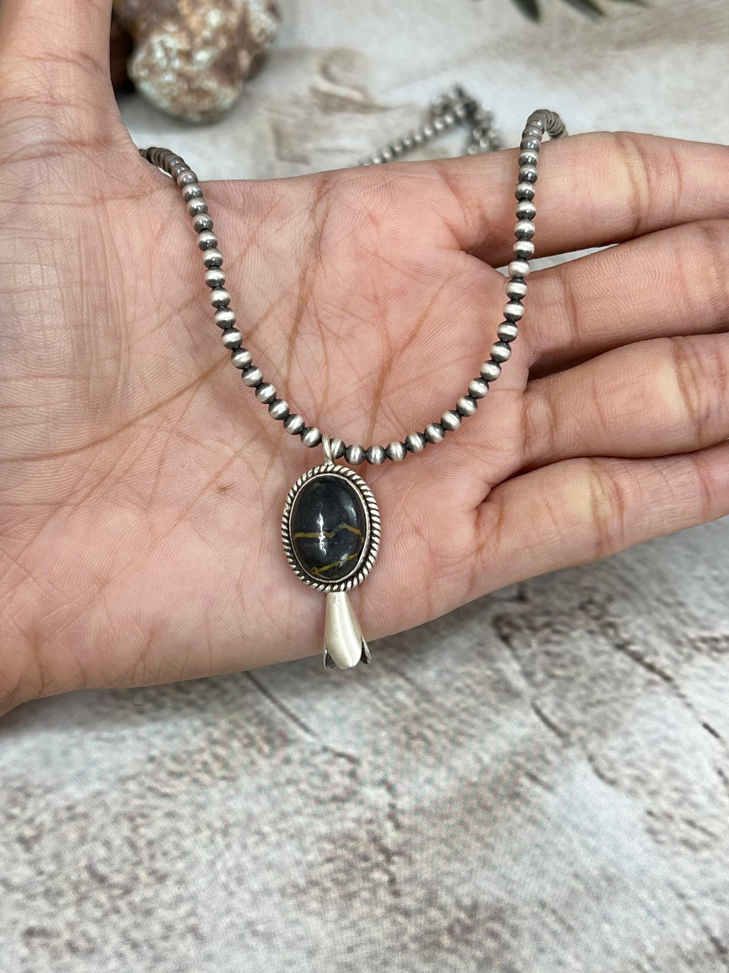 Handmade Sterling Silver Beaded Blackjack Turquoise Blossom Necklace Signed Nizhoni