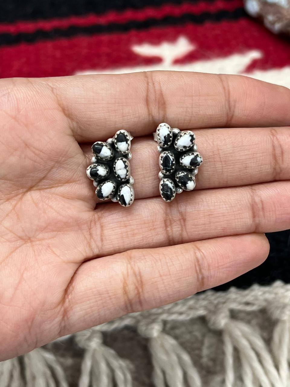 Handmade Sterling Silver White Buffalo Studs Earrings "Signed Nizhoni"