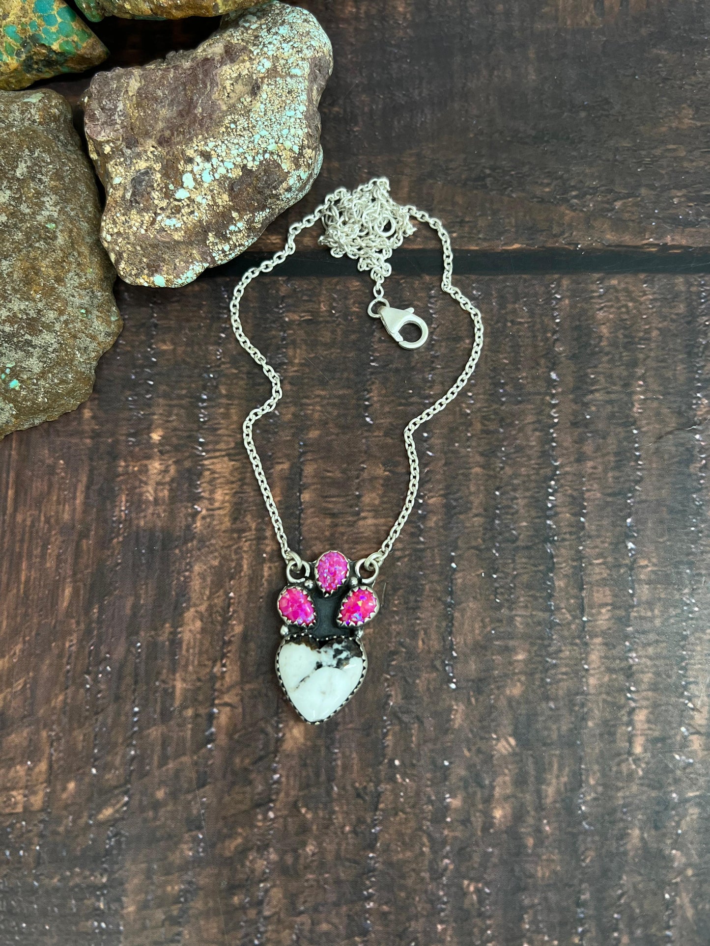 Handmade Sterling Silver Hot Pink, White Buffalo Turquoise Necklace with Signed Nizhoni