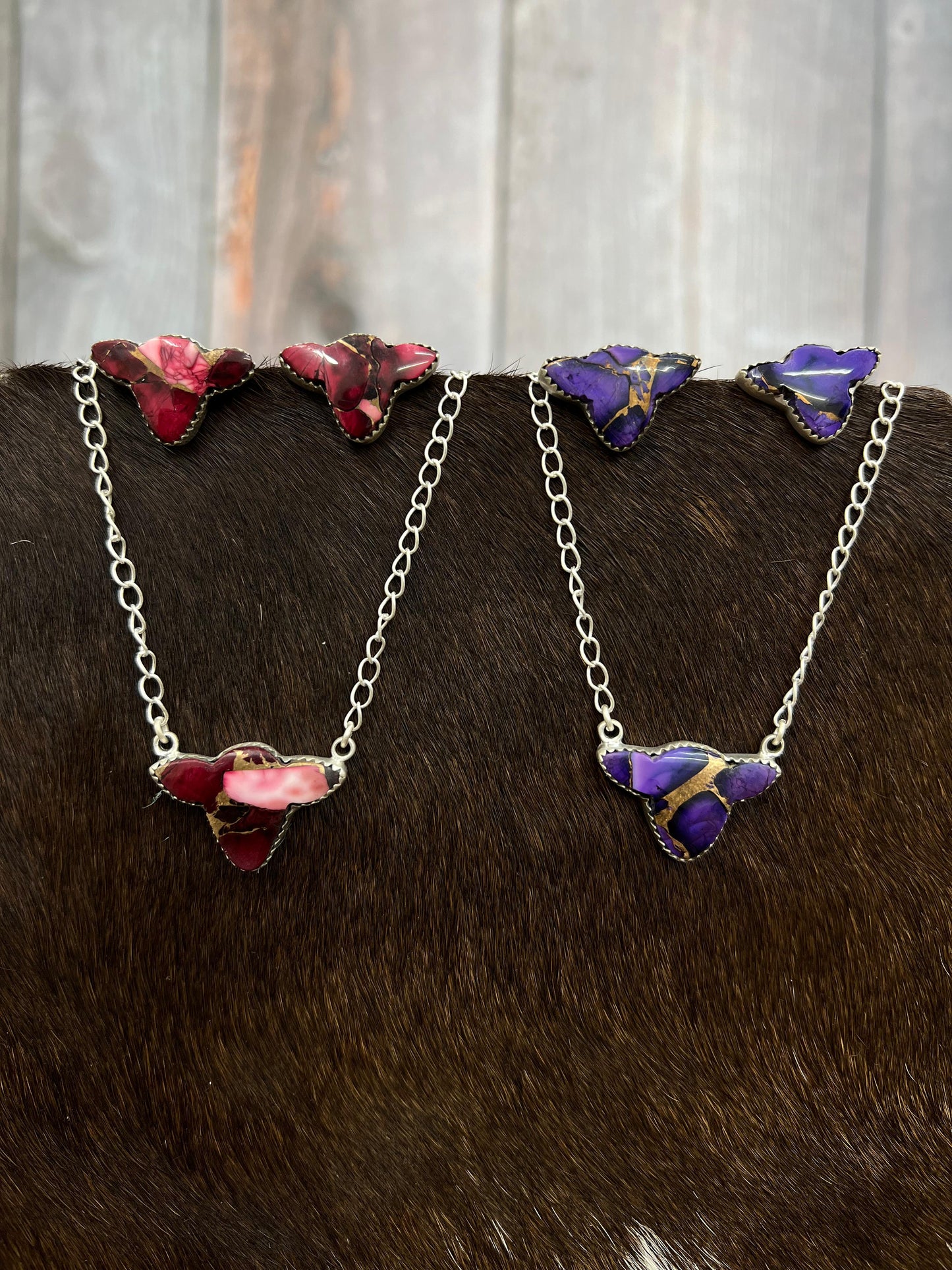 Handmade Sterling Silver Grape Dahlia, Dahlia Rose Bull Necklace Earrings Set with Signed Nizhoni