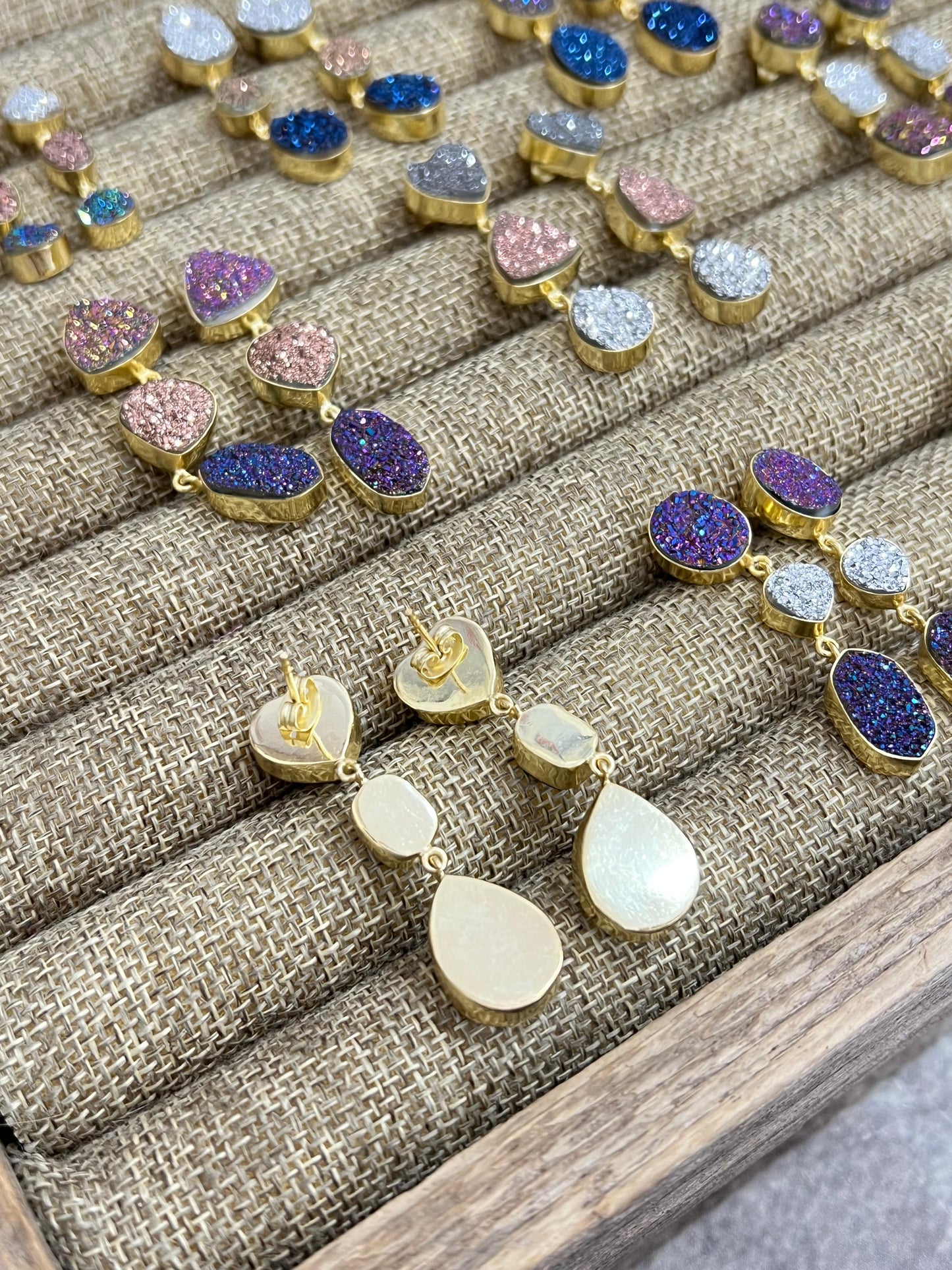 “The Boho Collection” Handmade Natural 3 Stone Druzy Post Dangle Earrings