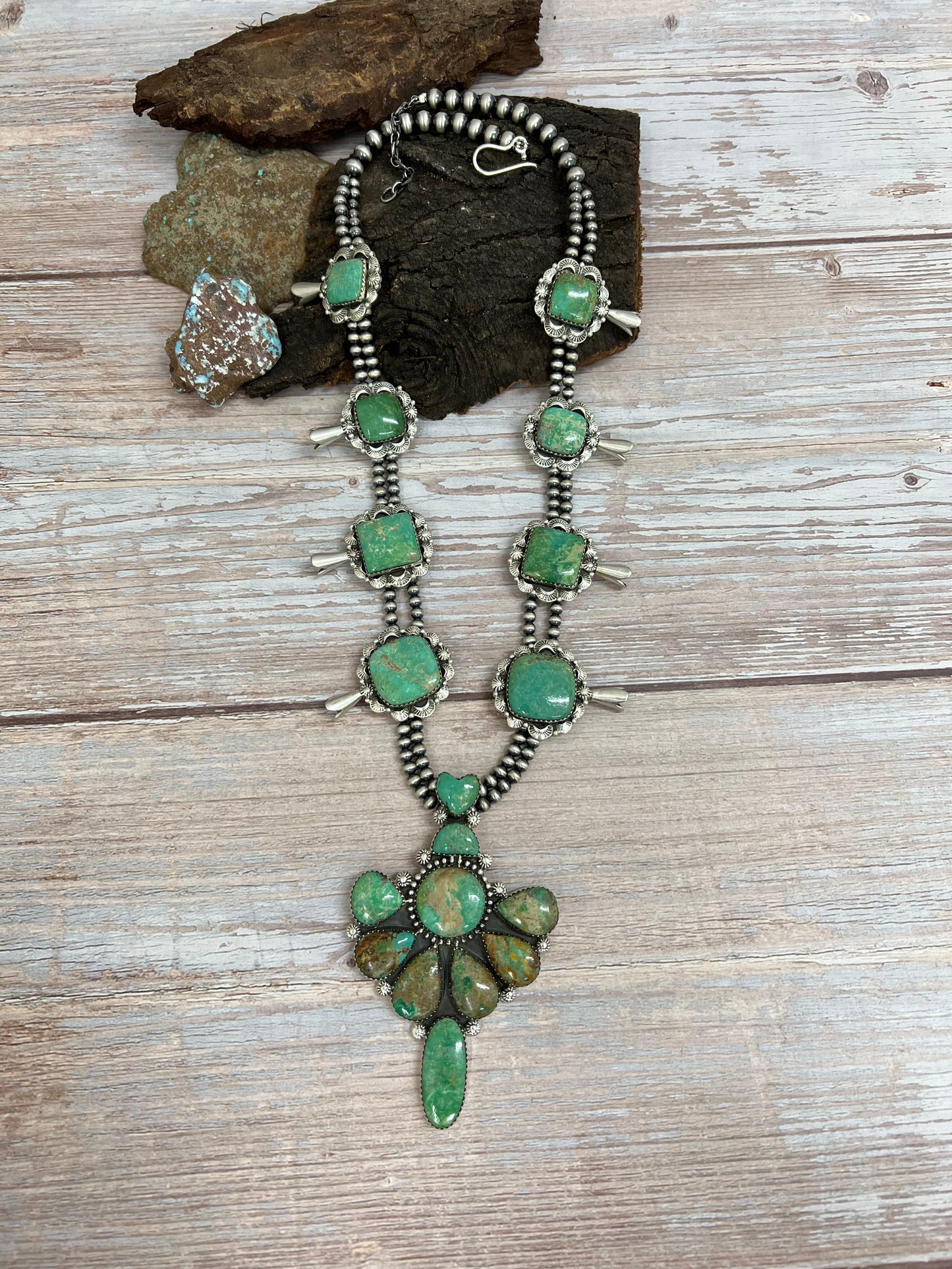 Handmade Sterling Silver Mantis Turquoise Beaded Blossom Necklace Signed Nizhoni