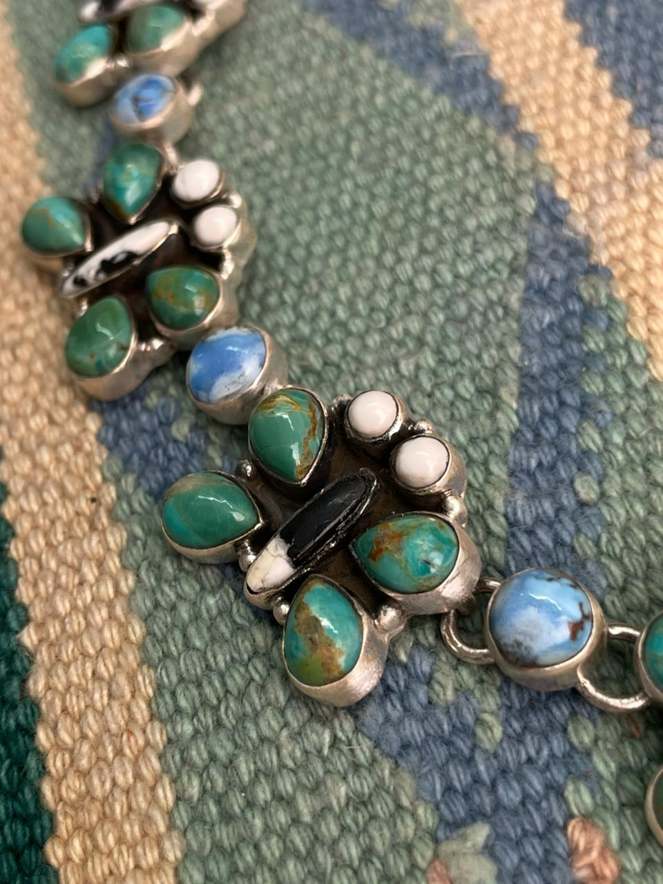 Handmade Sterling Silver White Buffalo with Kingman and Golden Hills Turquoise Necklace "Signed Nizhoni"