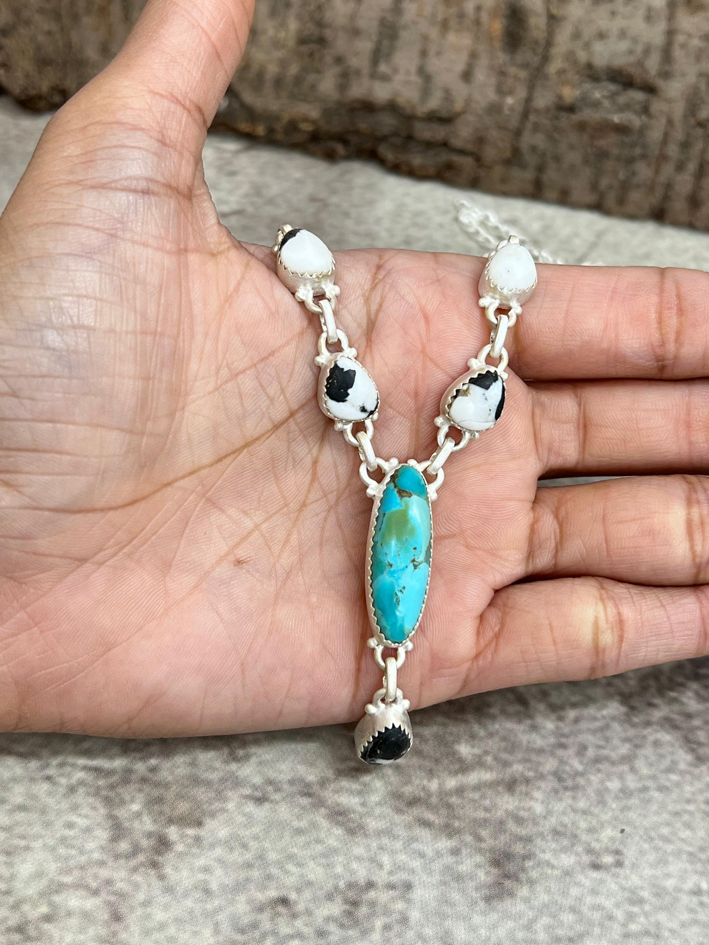 Handmade Sterling Silver White Buffalo with Kingman Turquoise Necklace, Signed Nizhoni
