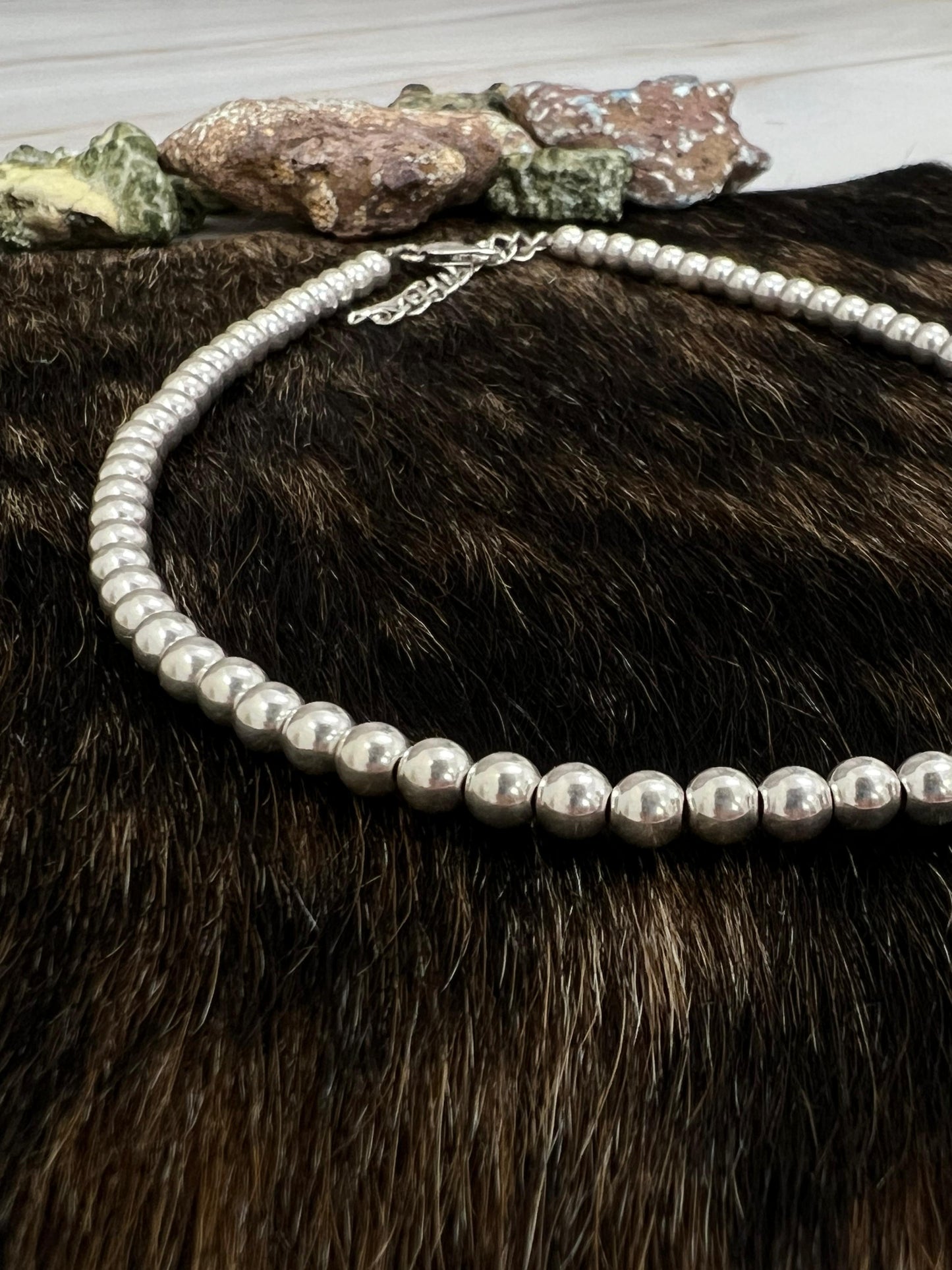 Handmade Sterling Silver 5mm Beaded Necklace with Signed Nizhoni