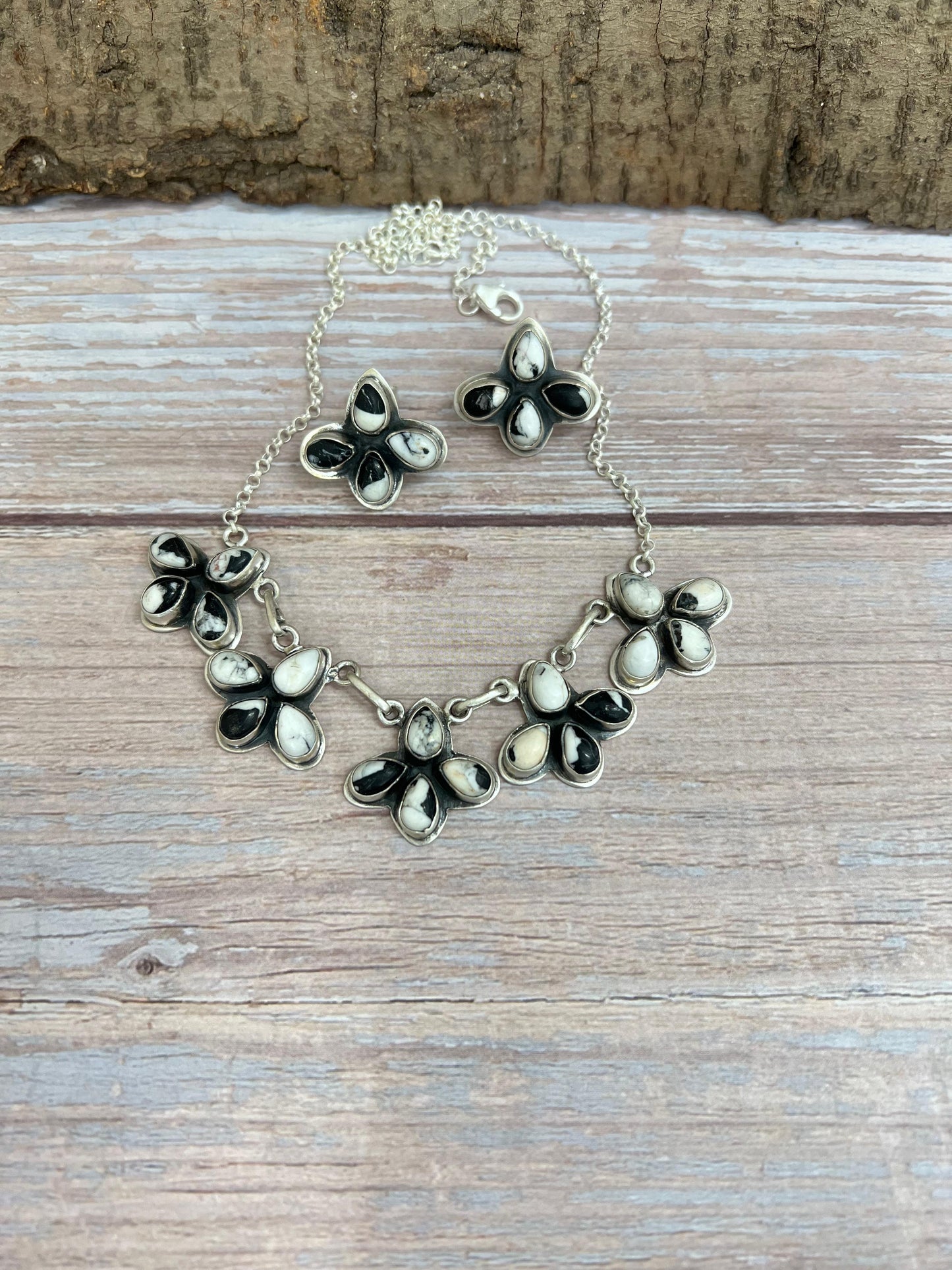 Handmade Sterling Silver White Buffalo Necklace & Earrings Set Signed Nizhoni