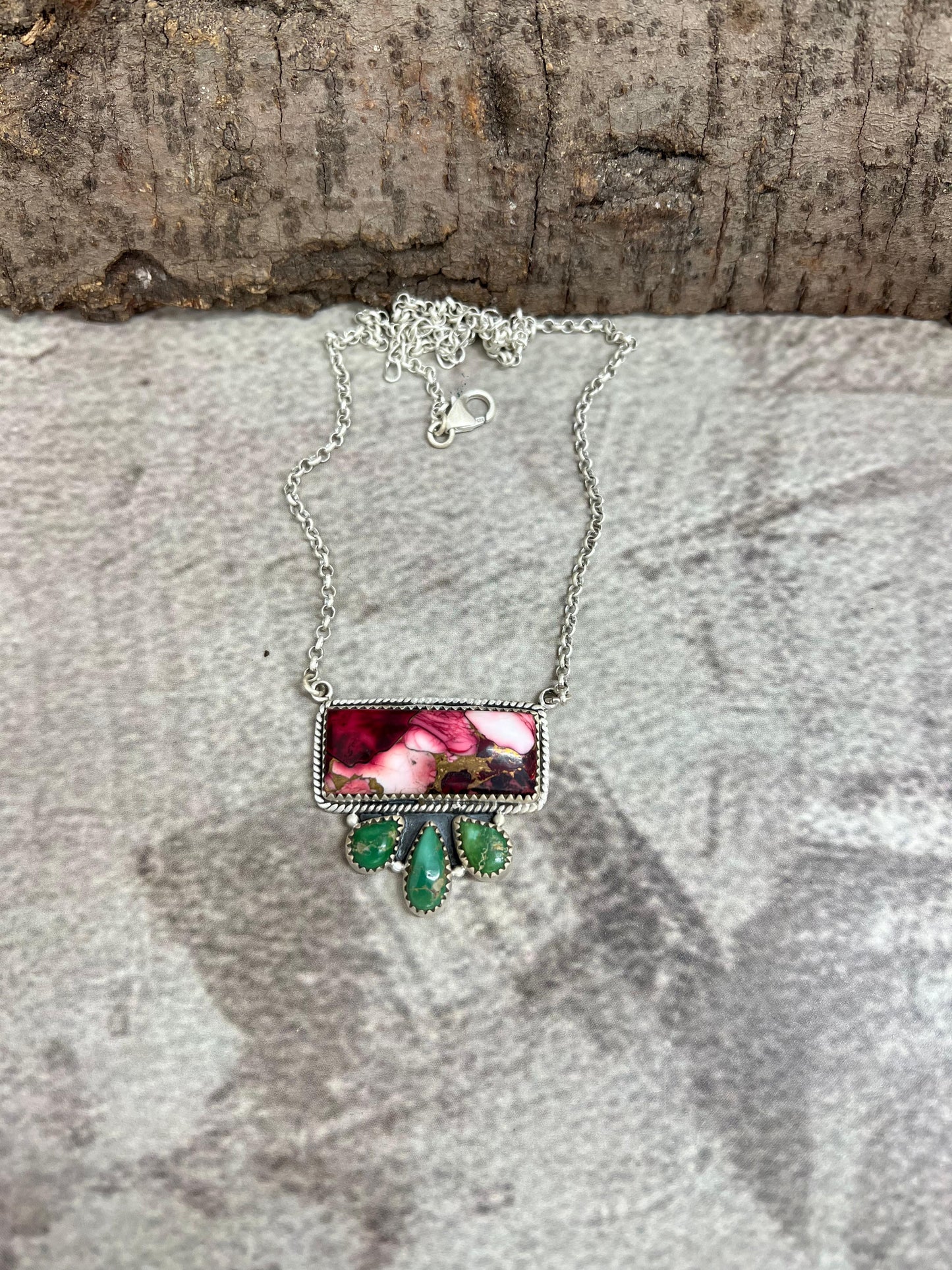 Handmade Sterling Silver Emerald Valley with Dahlia Rose Necklace, Signed Nizhoni