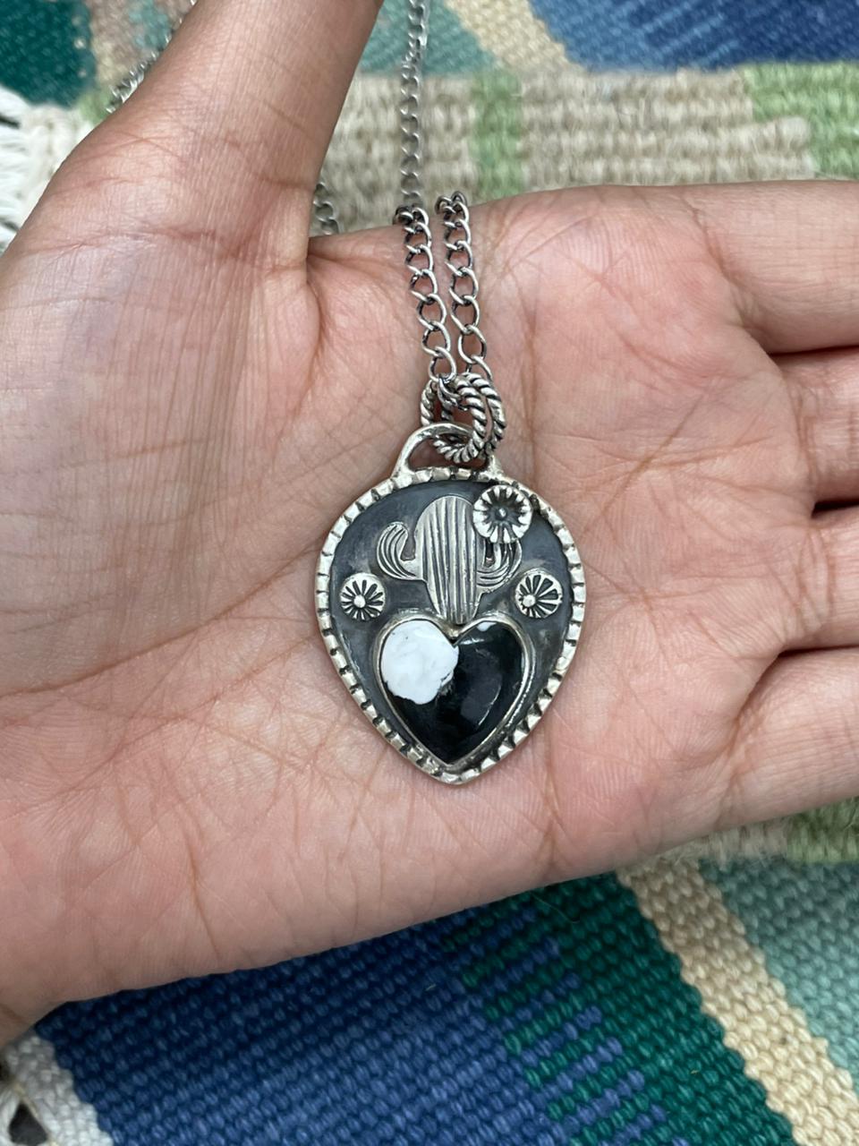 Handmade Sterling Silver White Buffalo Saguaro Cactus Necklace "Signed Nizhoni"