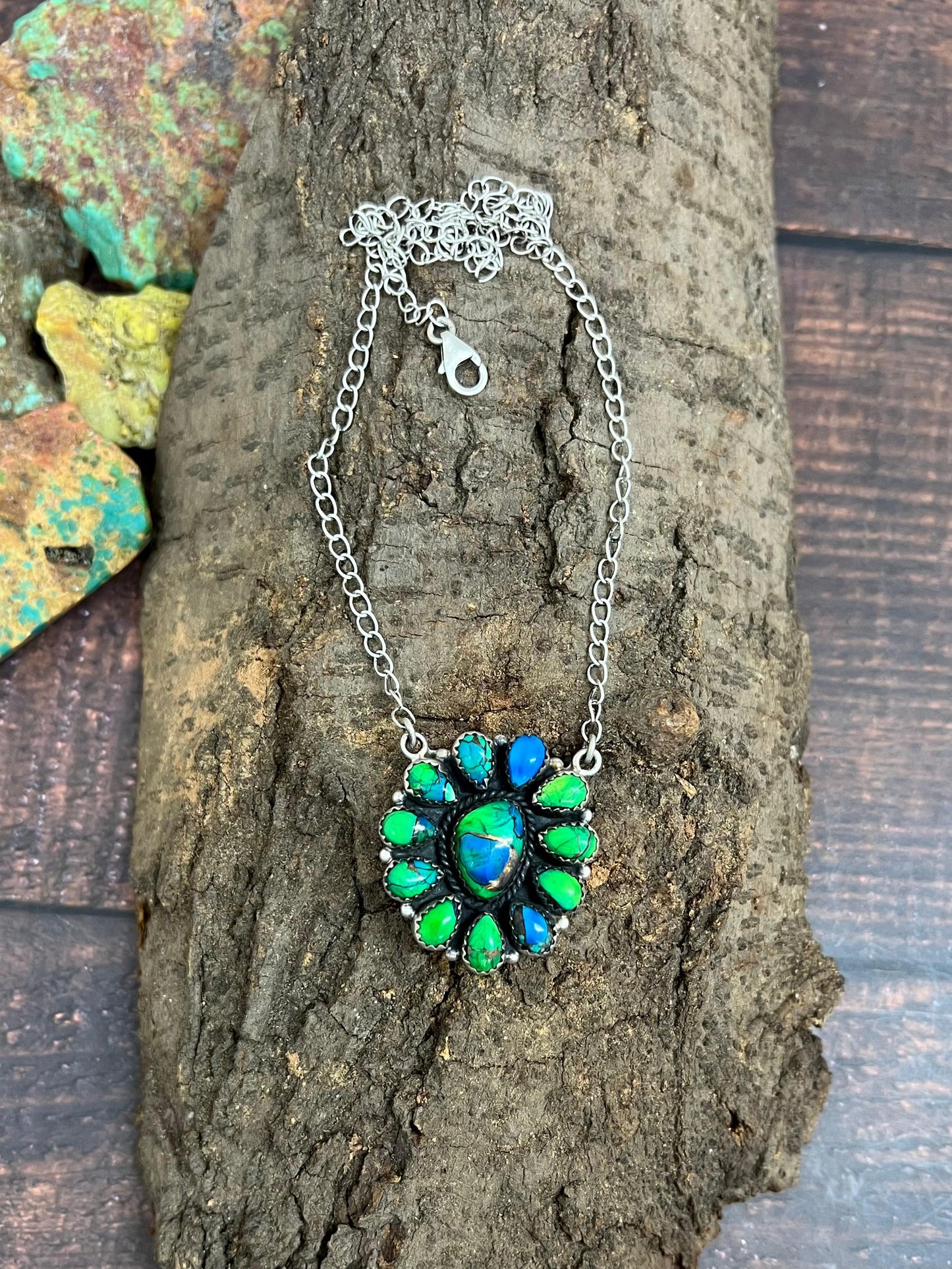 Handmade Sterling Silver Peacock Dahlia Necklace with Signed Nizhoni