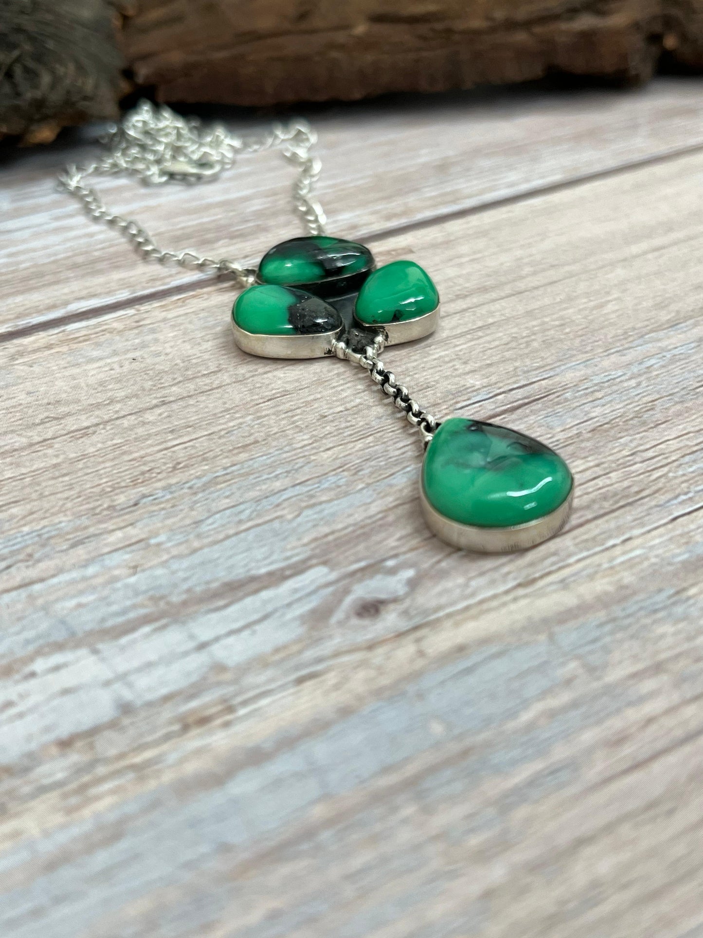 Handmade Sterling Silver Emerald Rose Necklace with Signed Nizhoni