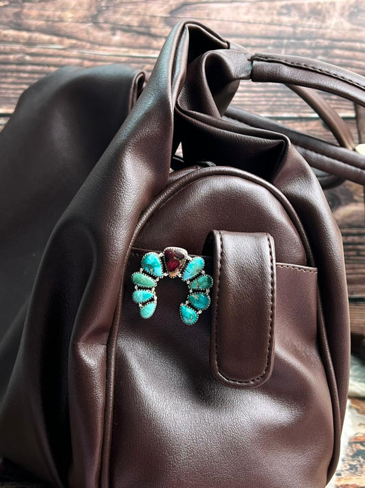 Handmade Sterling Silver Dahlia Rose with Emerald Valley Turquoise Purse Key Clip "Signed Nizhoni"