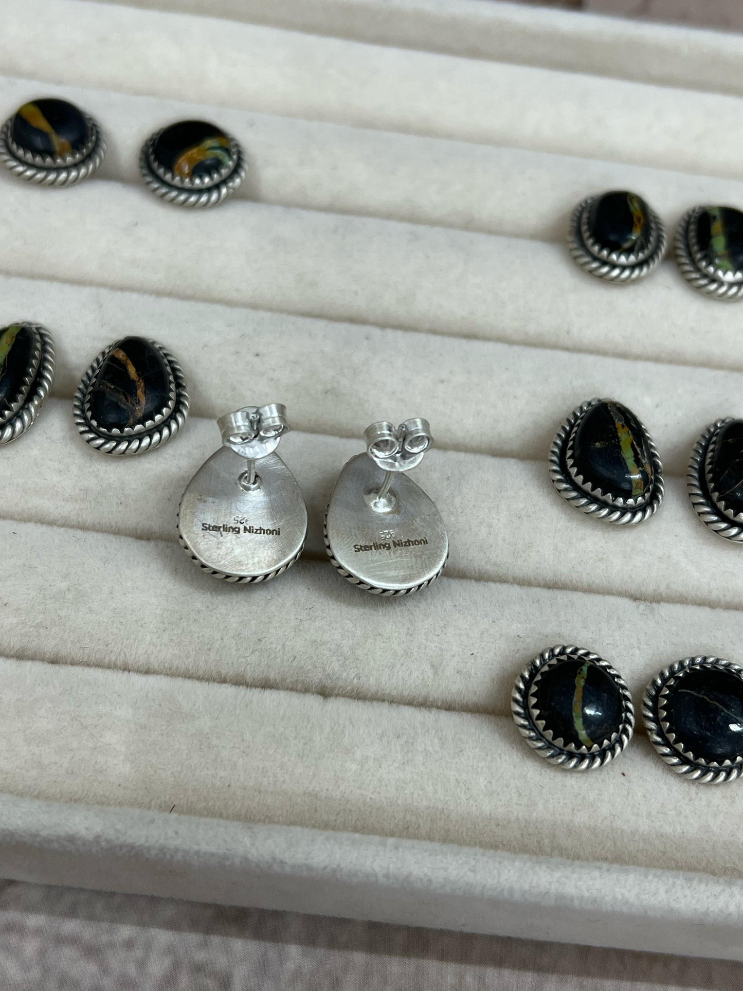 Handmade Sterling Silver Blackjack Turquoise Post Earrings Signed Nizhoni