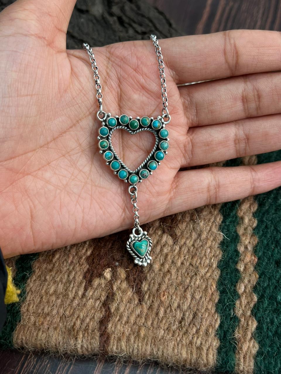 "Heart Collection" Handmade Sterling Silver Kingman Turquoise Necklace "Signed Nizhoni"