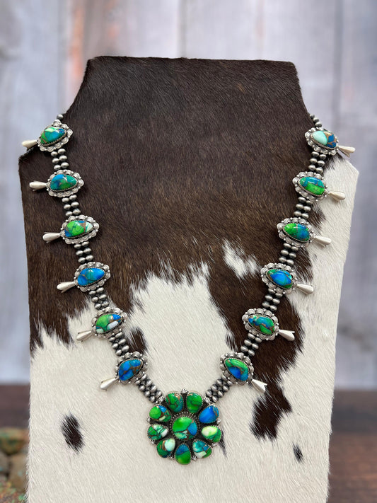 Handmade Sterling Silver Peacock Dahlia Beaded Necklace with Signed Nizhoni