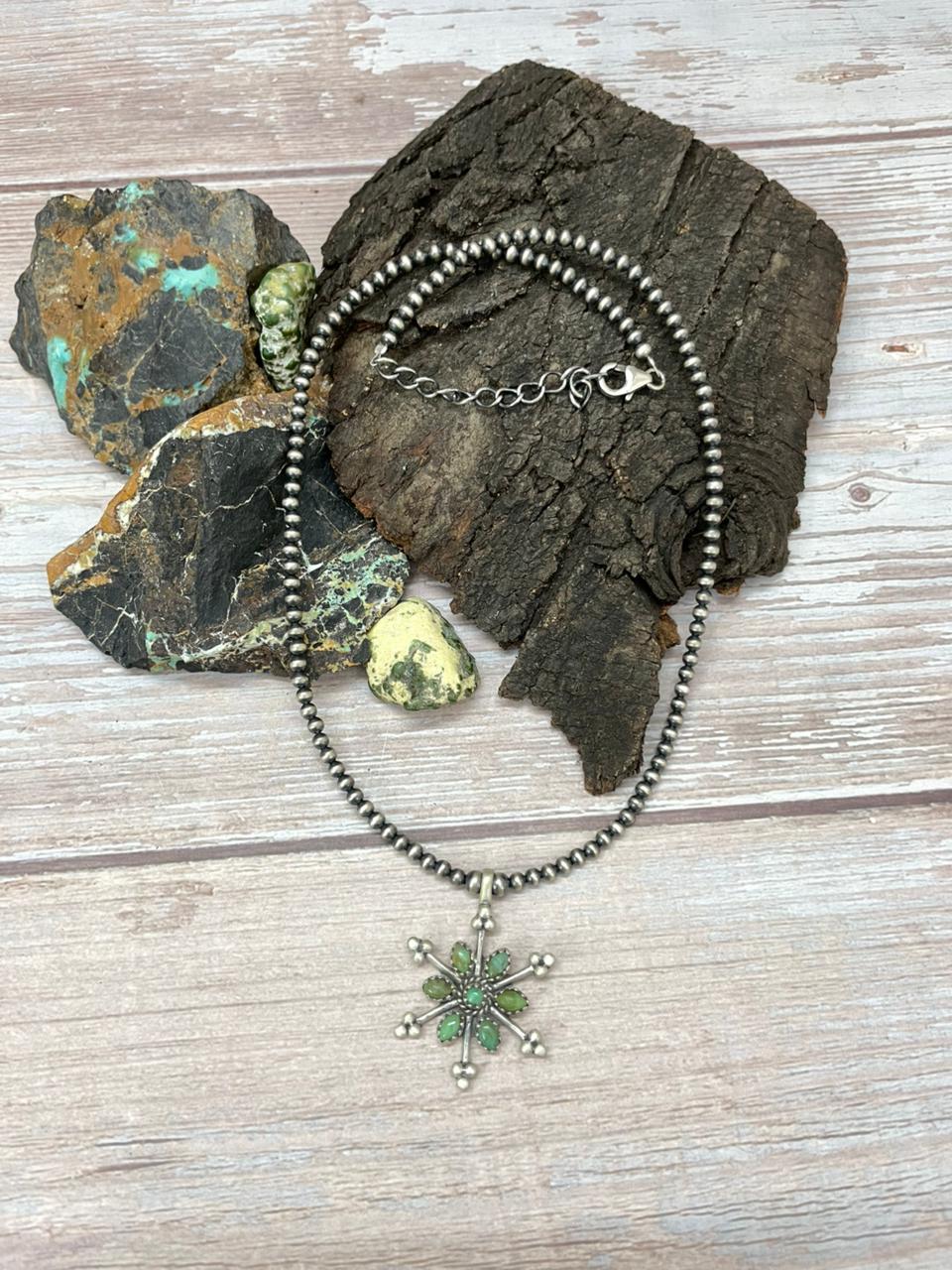 Handmade Sterling Silver Kingman Turquoise Beaded Necklace "Signed Nizhoni" (9)