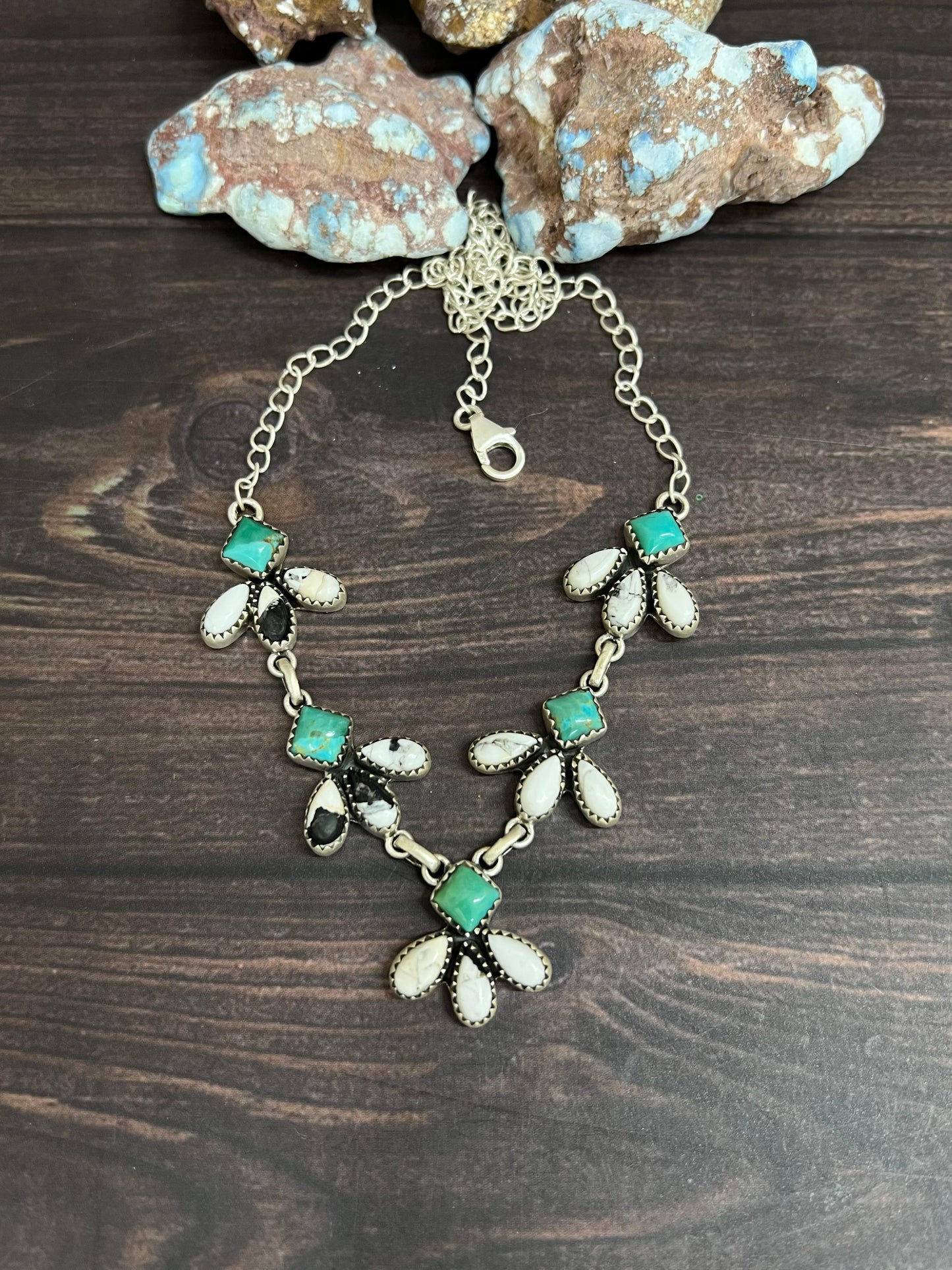 Handmade Sterling Silver Kingman with White Buffalo Necklace with Signed Nizhoni