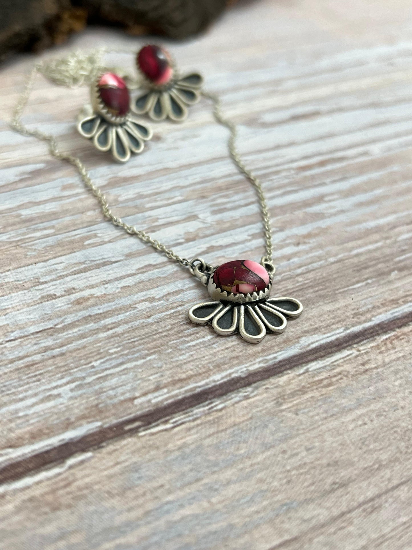 Handmade Sterling Silver Dahlia Rose Necklace Earrings Set, Signed Nizhoni