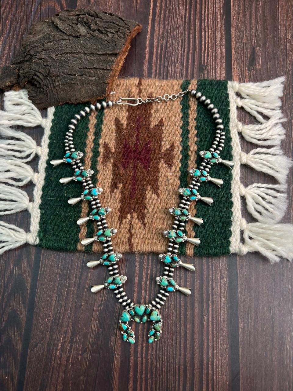 "Heart Collection" Handmade Sterling Silver Beaded Kingman Turquoise Squash Blossom Necklace "Signed Nizhoni"
