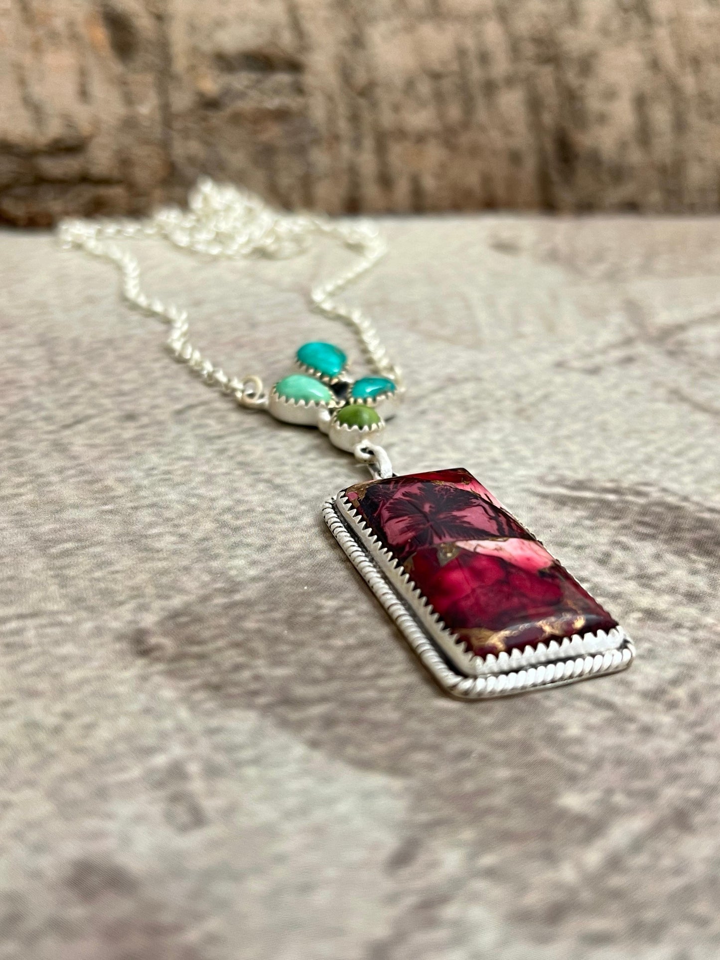 Handmade Sterling Silver Emerald Valley with Dahlia Rose Necklace with Signed Nizhoni