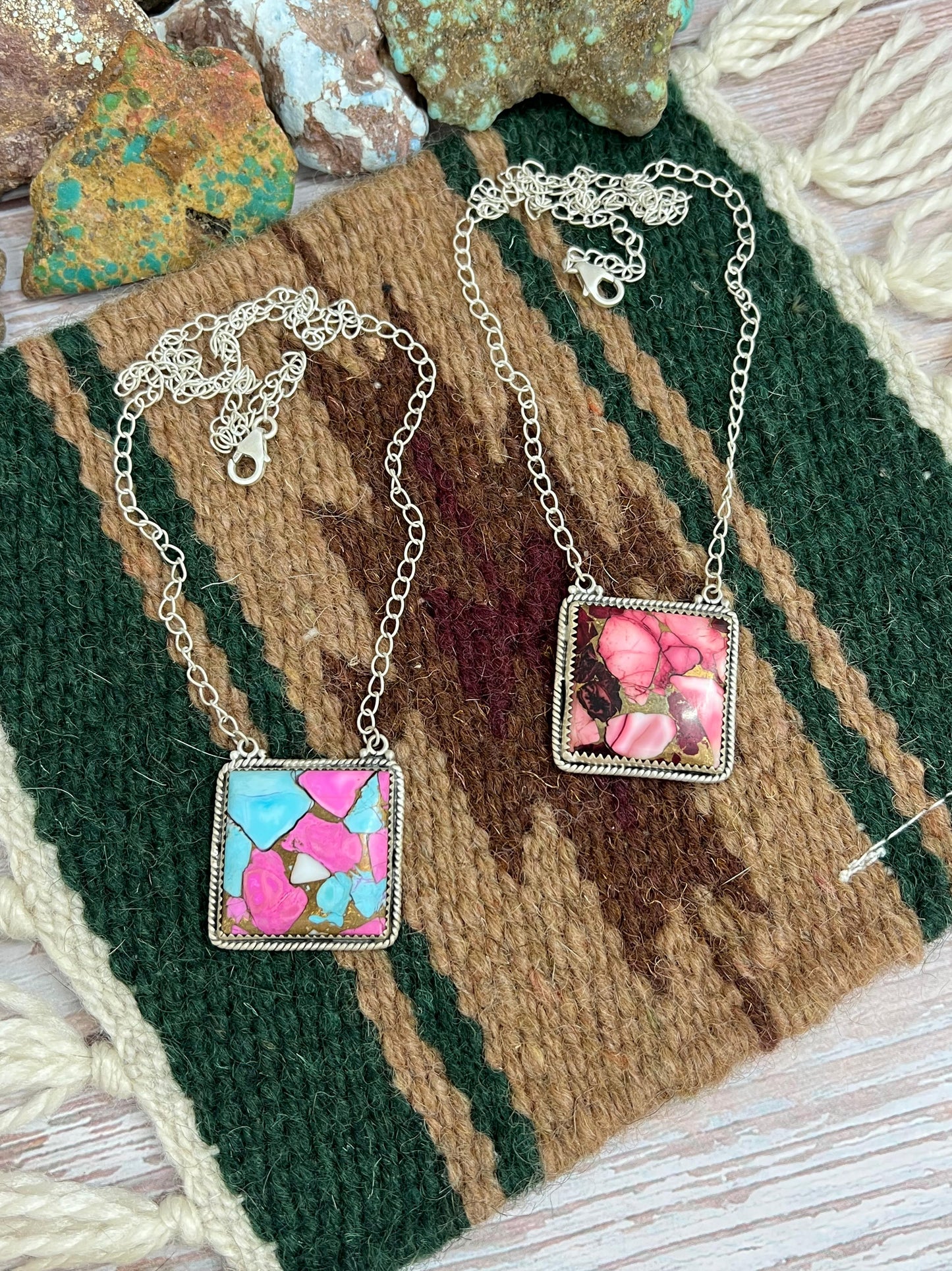 Handmade Sterling Silver Dahlia Rose, Cotton Candy Turquoise Necklace with Signed Nizhoni
