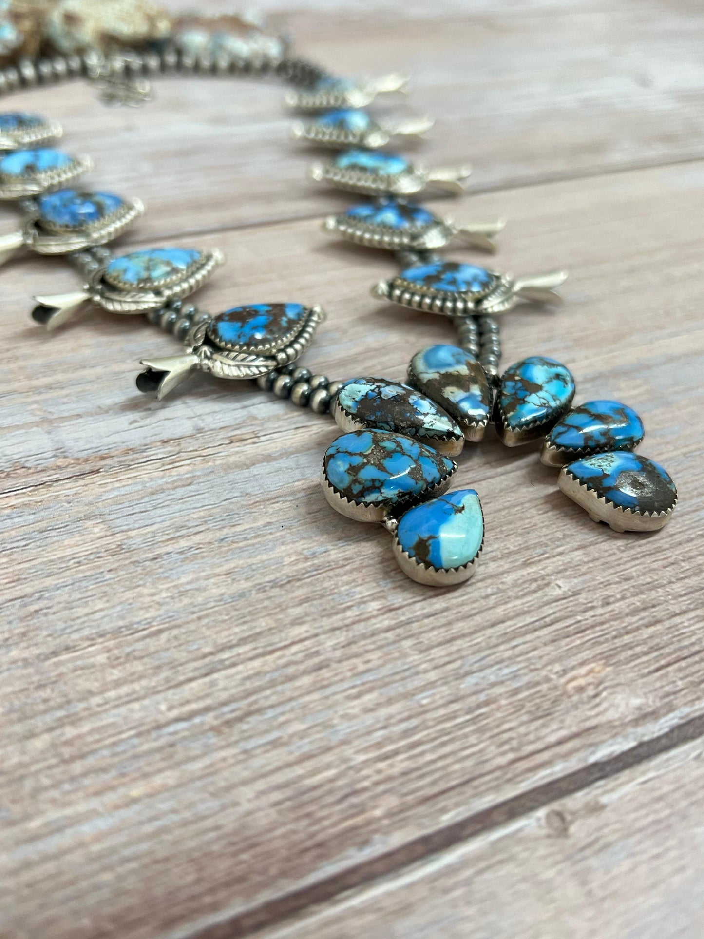 Handmade Sterling Silver Golden Hills Turquoise Beaded Squash Blossom Necklace with Signed Nizhoni