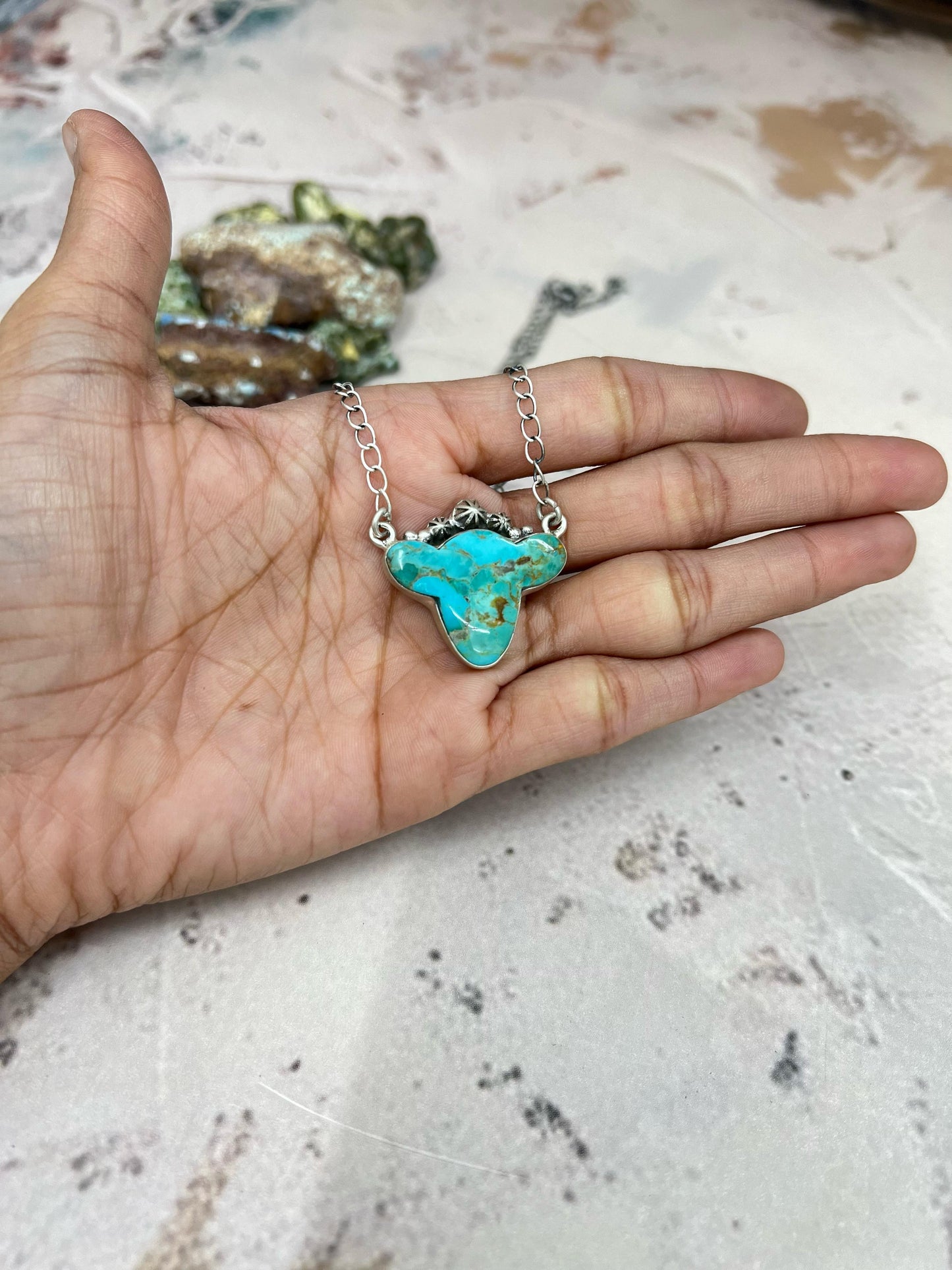 Handmade Sterling Silver Kingman Turquoise Cowhead Necklace with Signed Nizhoni