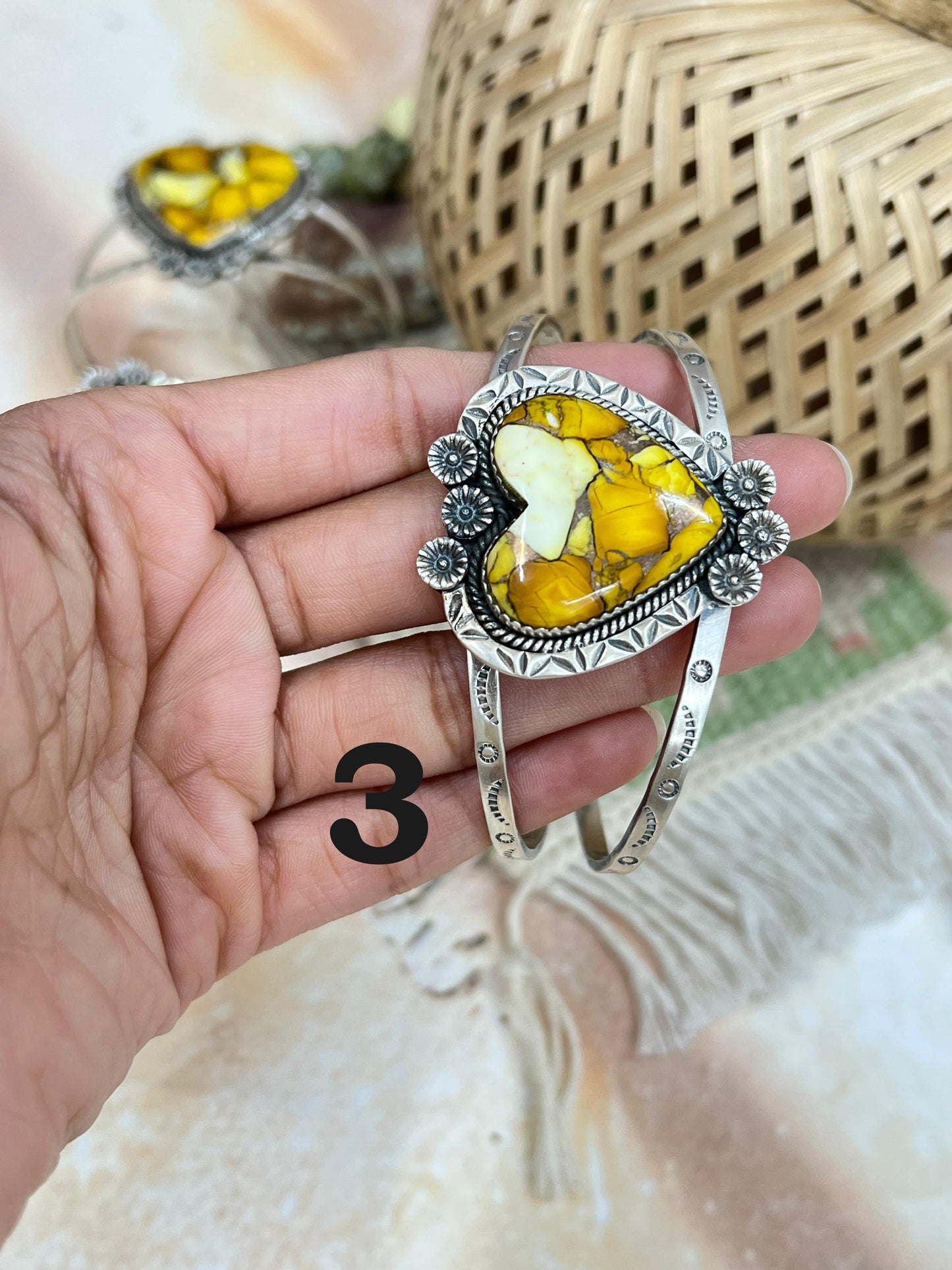 Handmade Sterling Silver Honey Dahlia Cuff Bracelet with Signed Nizhoni