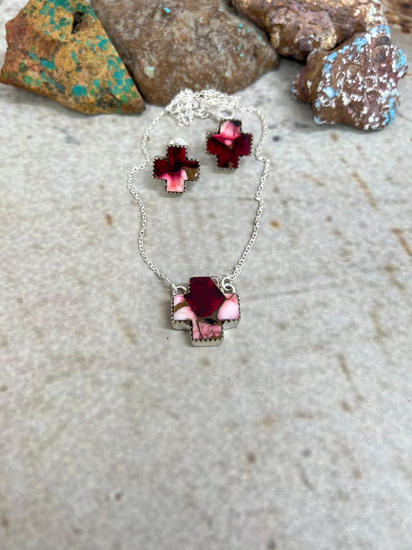 Handmade Sterling Silver Dahlia Rose Cross Necklace Earrings Set with Signed Nizhoni (7)