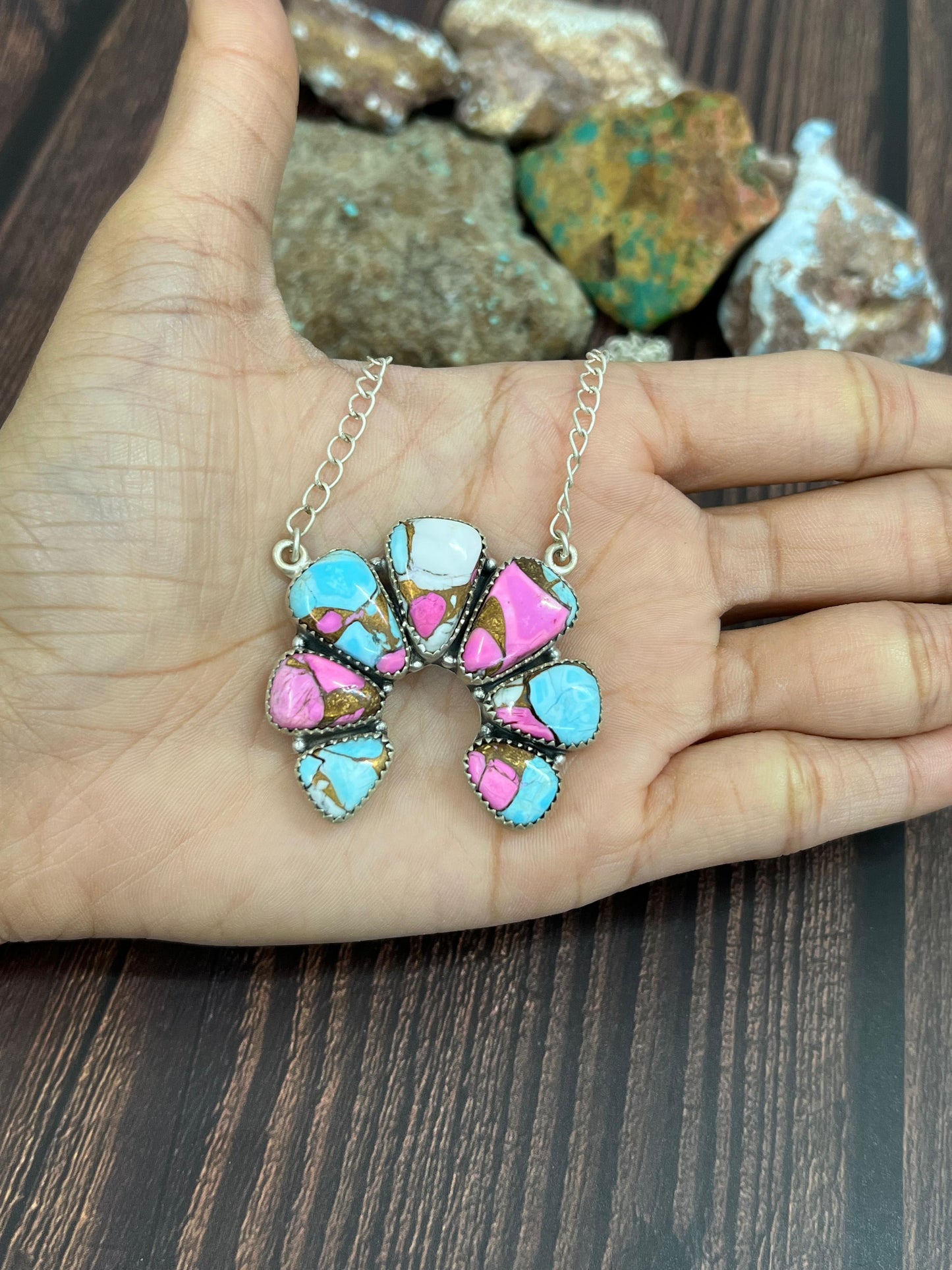 Handmade Sterling Silver Cotton Candy Turquoise Necklace with Signed Nizhoni