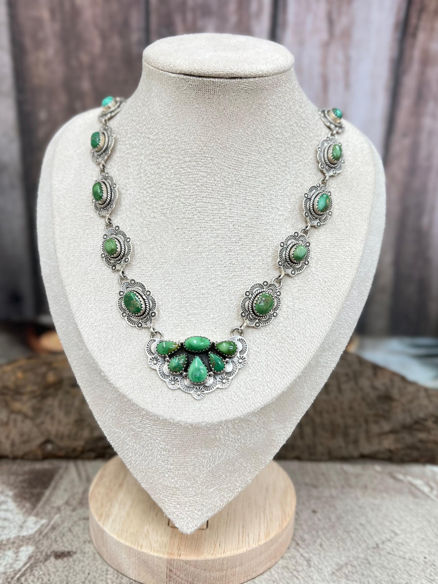 Handmade Sterling Silver Palomino, Sonoran Mountain Turquoise Necklace with Signed Nizhoni