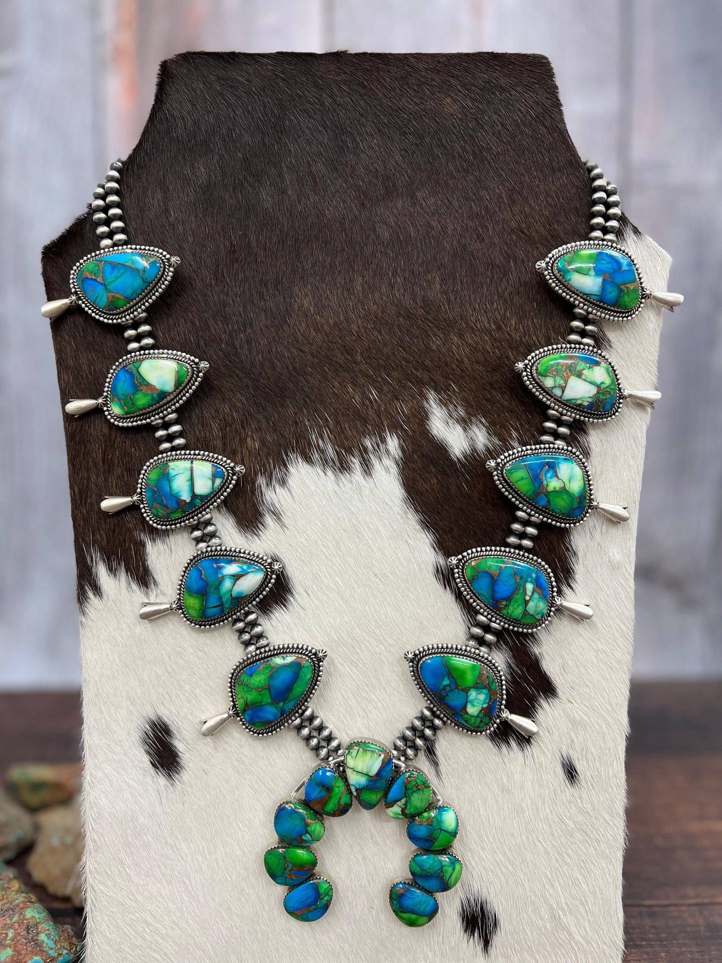 Handmade Sterling Silver Peacock Dahlia Beaded Necklace with Signed Nizhoni