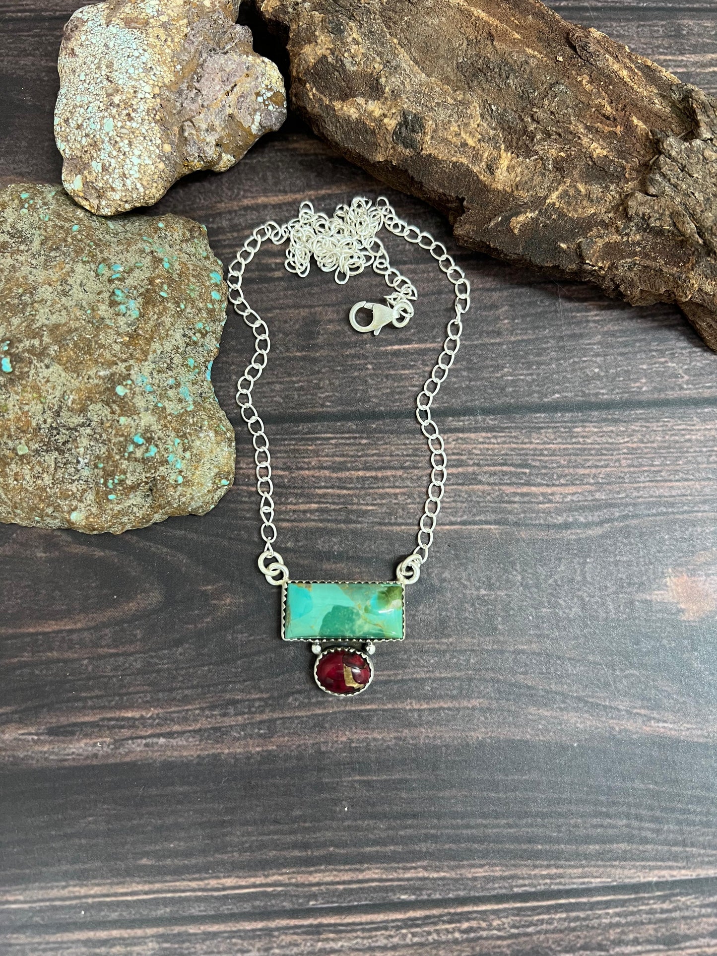 Handmade Sterling Silver Kingman with Dahlia Rose Necklace with Signed Nizhoni
